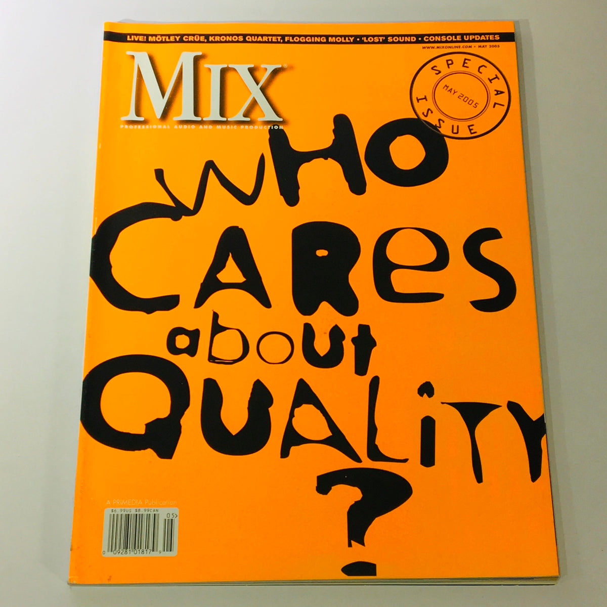 Mix Music Magazine May 2005 cover featuring the special issue titled 'Who Cares About Quality?' with bold black lettering on an orange background, showcasing a vintage collectible in music history.