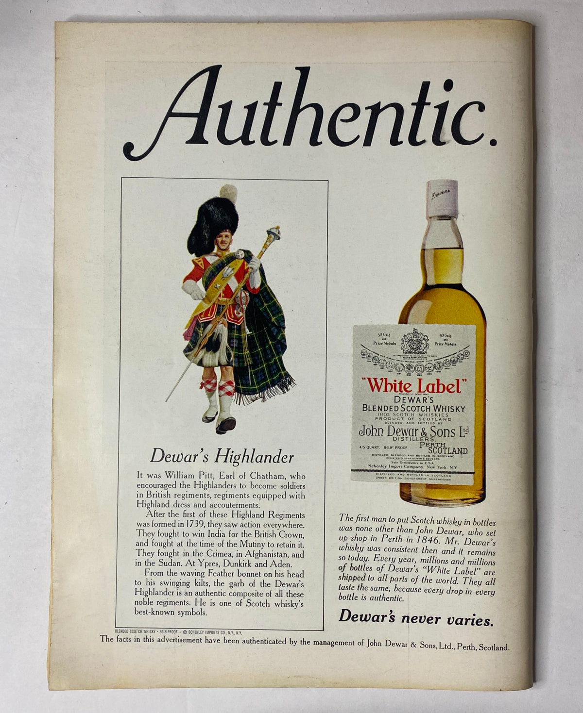 Authentic advertisement page from The New Yorker Full Magazine February 28, 1970 promoting Dewar's whisky with a vibrant illustration of a Scottish Highlander.