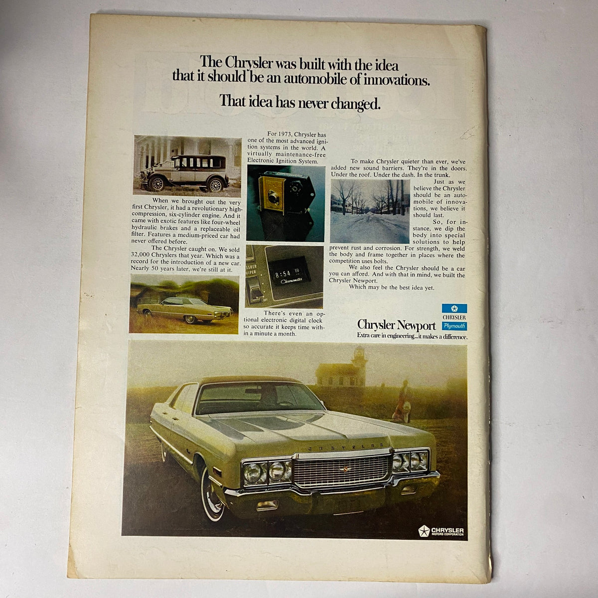 Back cover of The New Yorker Full Magazine February 24, 1973 Rea Irvin Cover, showcasing a vintage Chrysler advertisement highlighting its innovative automobile features.