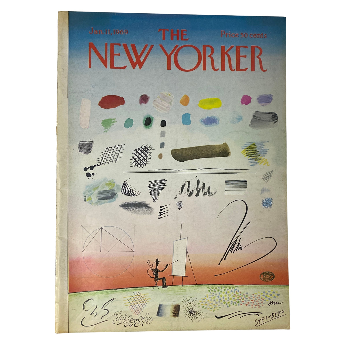 The New Yorker Full Magazine January 11, 1969, featuring a Saul Steinberg cover illustration, highlighting distinct artistic elements in vibrant colors and sketches.
