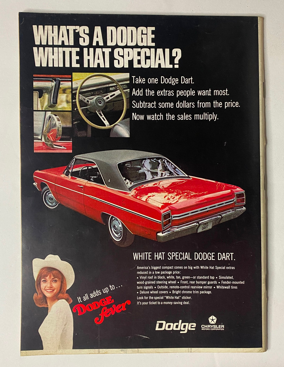 Dodge advertisement featuring a Dodge Dart in red with a black roof; highlights the White Hat Special promotion with a tagline 'What's a Dodge White Hat Special?'. This vintage ad complements 'The New Yorker Full Magazine January 11, 1969 Saul Steinberg Cover VG'.