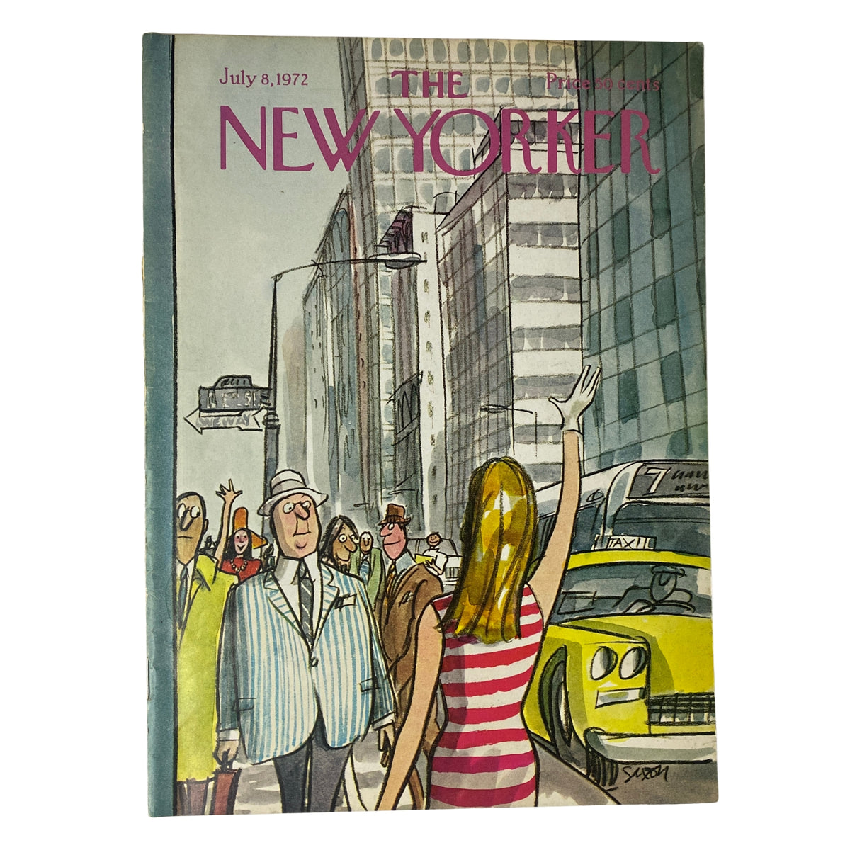 The New Yorker Full Magazine July 8, 1972 Charles Saxon Cover featuring a vibrant street scene with pedestrians and a yellow taxi, showcasing classic mid-20th century American life.