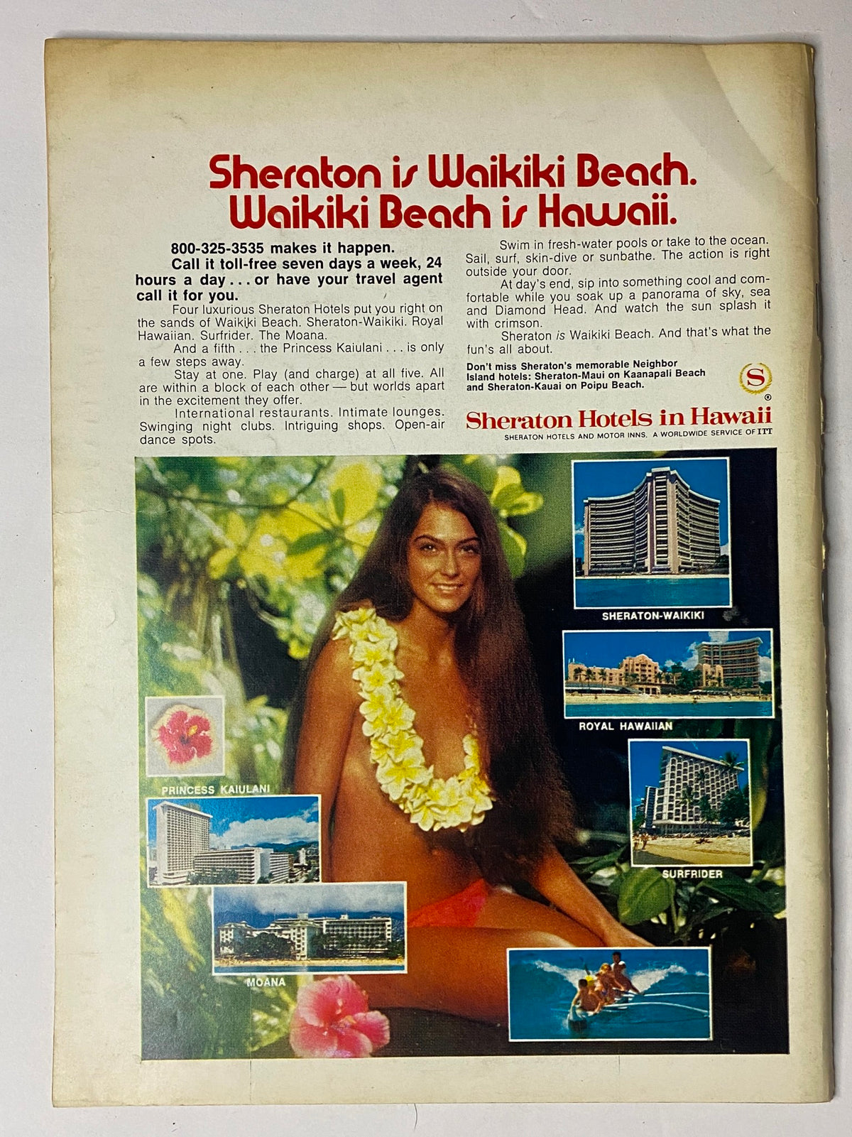 Back cover advertisement from The New Yorker Full Magazine July 8, 1972, promoting Sheraton Hotels in Hawaii with images of beautiful beaches and vacation activities.