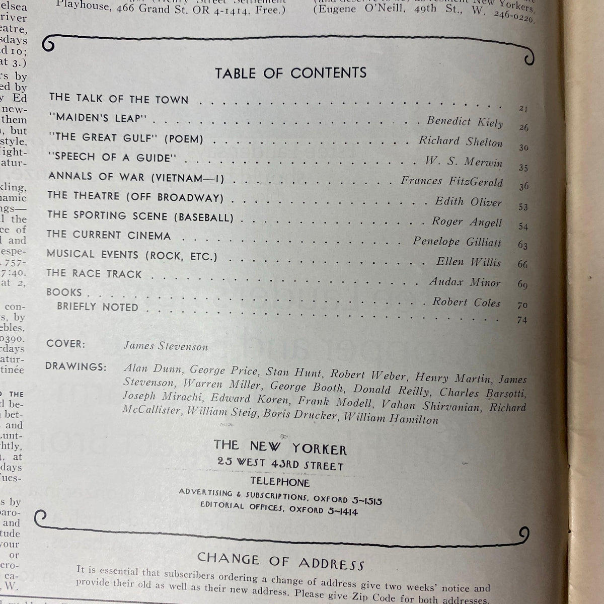 Table of contents from The New Yorker magazine, July 1, 1972, featuring literary works and contributions from notable writers such as Benedict Kiely and Frances FitzGerald, along with illustrations by James Stevenson.