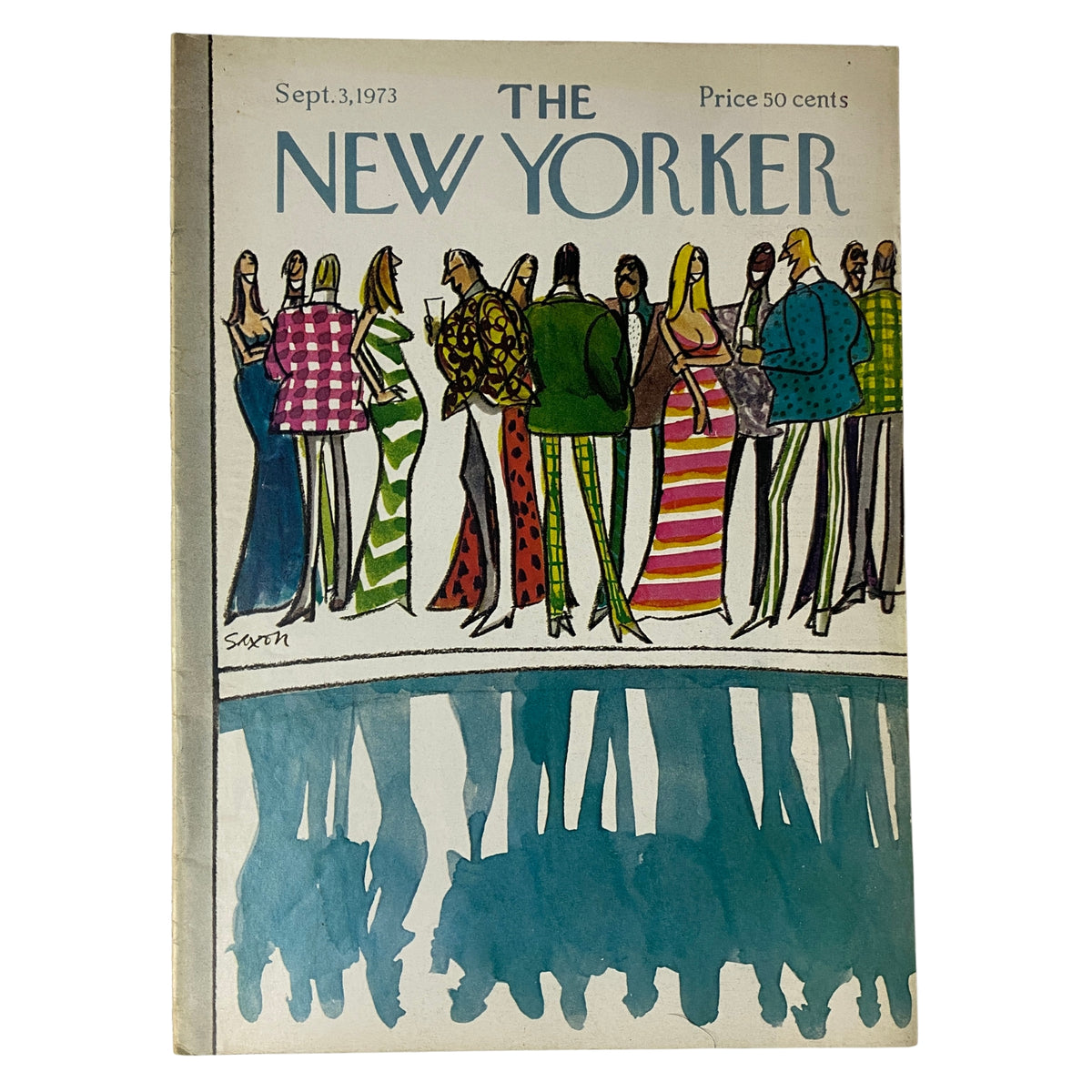 The New Yorker Full Magazine September 3, 1973 Charles Saxon Cover featuring a colorful illustration of elegantly dressed figures by the pool, showcasing 1970s fashion.