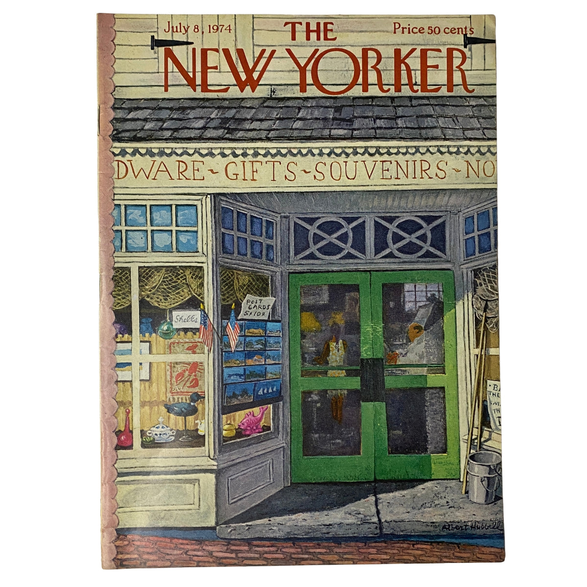 The New Yorker Full Magazine July 8, 1974, featuring a colorful cover illustration by Albert Hubbell depicting a charming shop front, in very good condition.