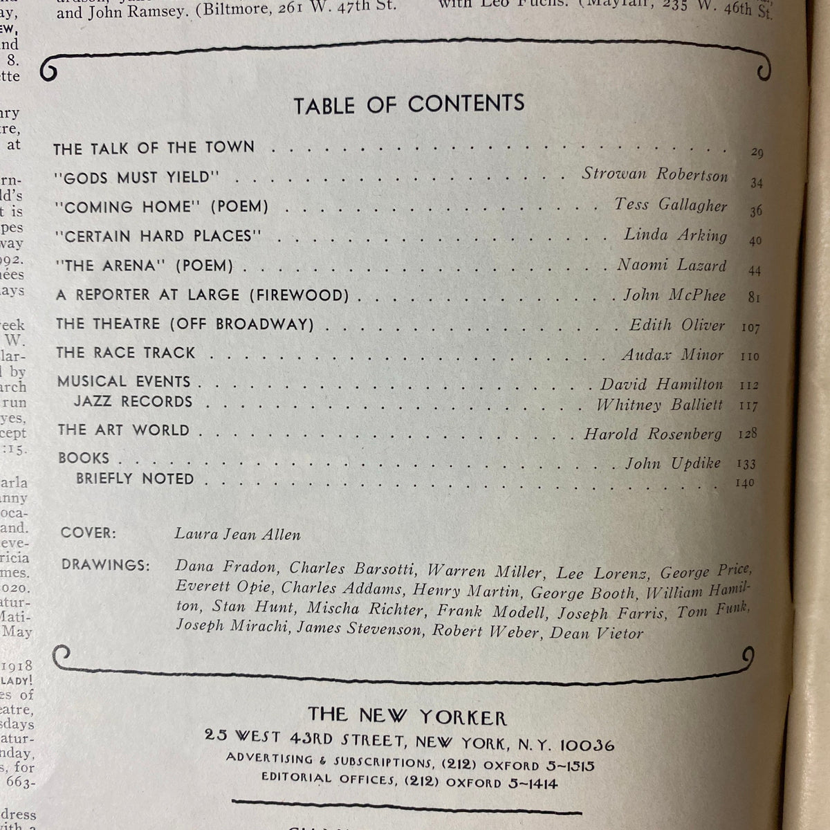 Table of Contents page from The New Yorker Full Magazine March 25, 1974, detailing contributions from various authors including Strowan Robertson and John Updike, highlighted by Laura Jean Allen's cover design.