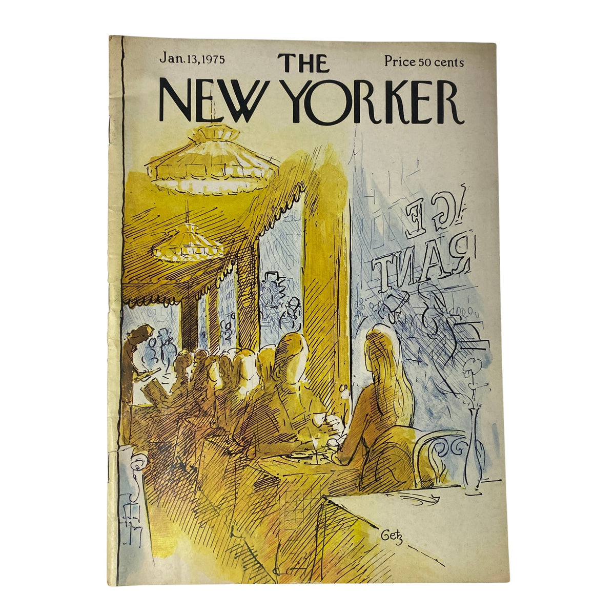 The New Yorker Full Magazine January 13, 1975, featuring an illustration by Arthur Getz on the cover, shown in very good condition.