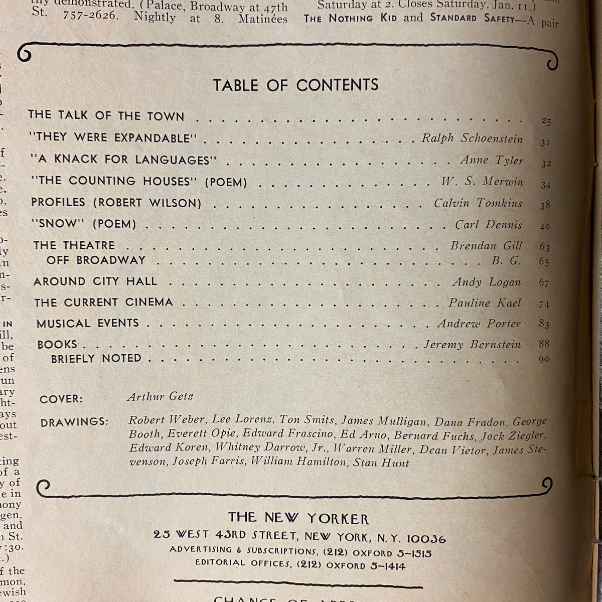 Table of Contents from The New Yorker Full Magazine January 13, 1975, outlining articles and contributors including Anne Tyler and W. S. Merwin.