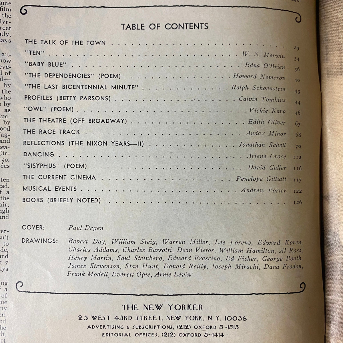 Table of Contents from The New Yorker Full Magazine June 9, 1975, featuring articles by W. S. Merwin and Edna O’Brien, and a cover design by Paul Degen, highlighting its literary offerings and contributors.