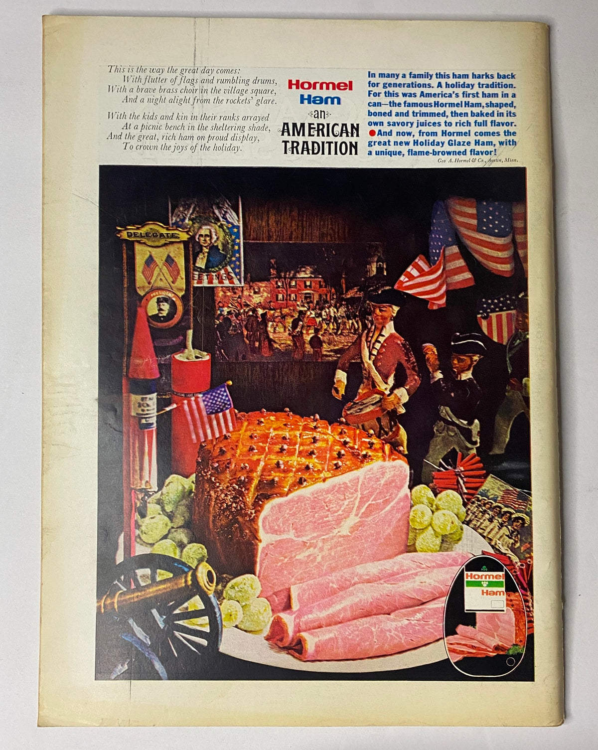 Back cover of The New Yorker Full Magazine June 9, 1975, featuring an advertisement for Hormel Ham, visually showcasing American tradition with patriotic themes and holiday motifs.