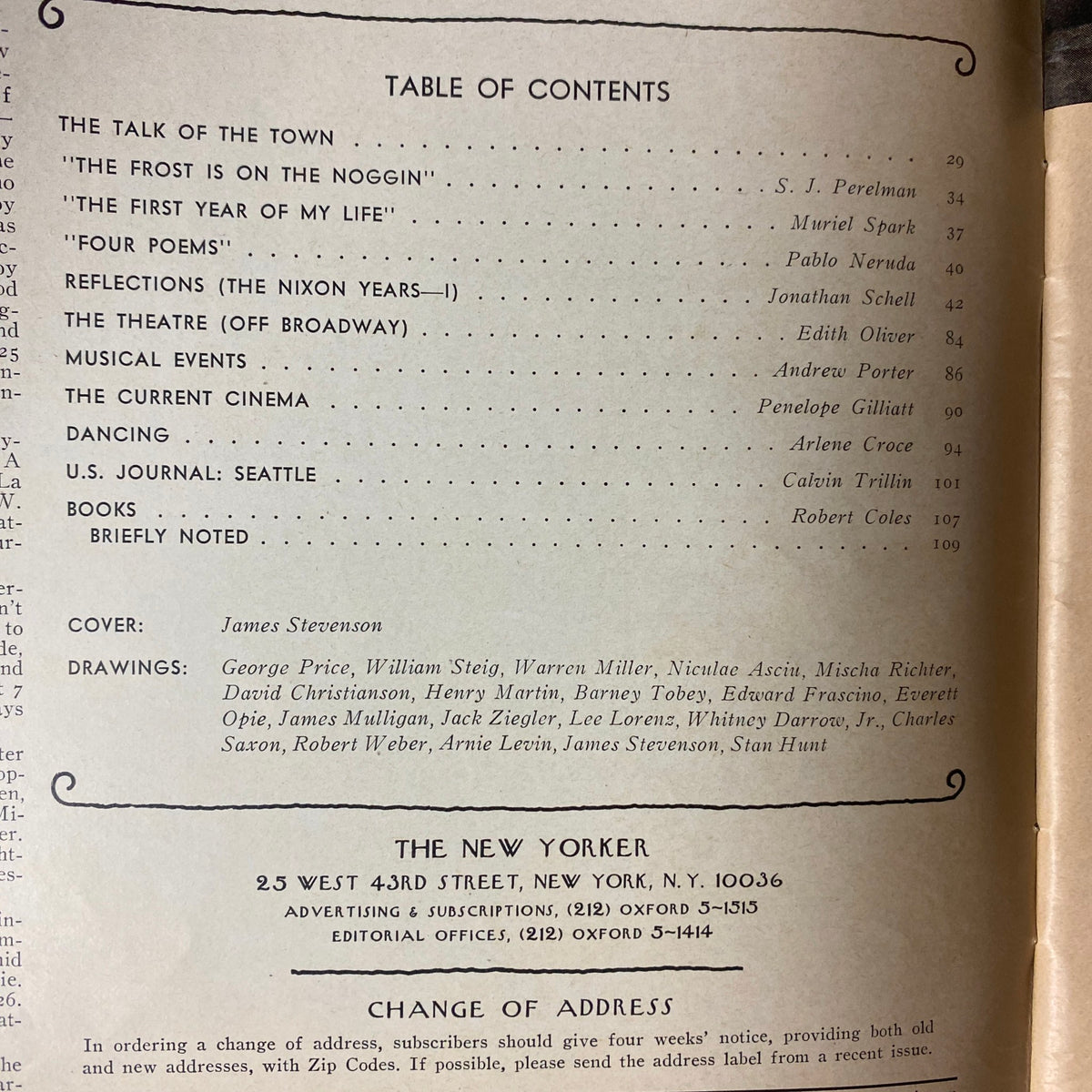 Table of contents from The New Yorker magazine dated June 2, 1975, featuring articles by S. J. Perelman, Muriel Spark, and Pablo Neruda.