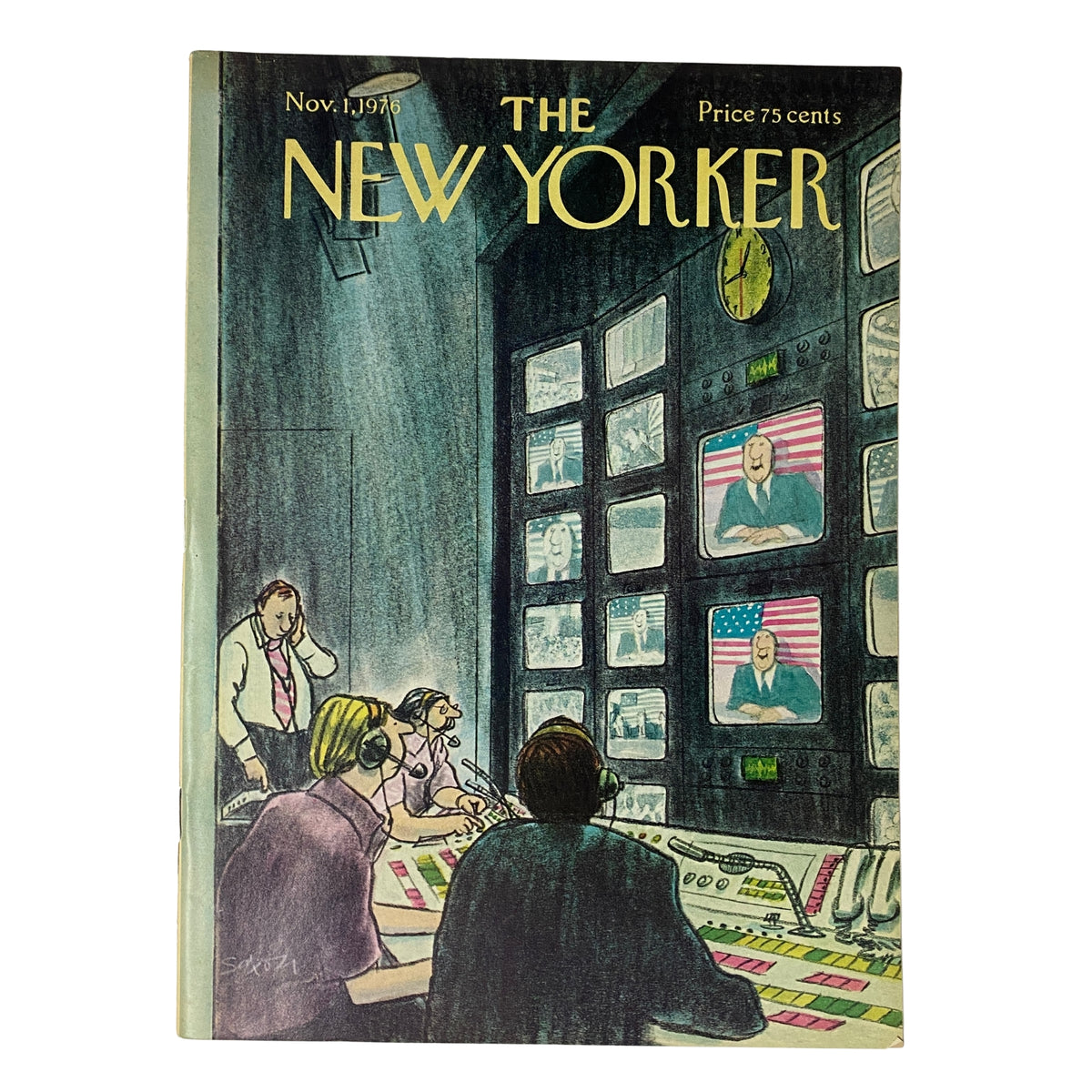 Cover of The New Yorker magazine dated November 1, 1976 featuring artwork by Charles Saxon, depicting a control room scene with multiple television screens.