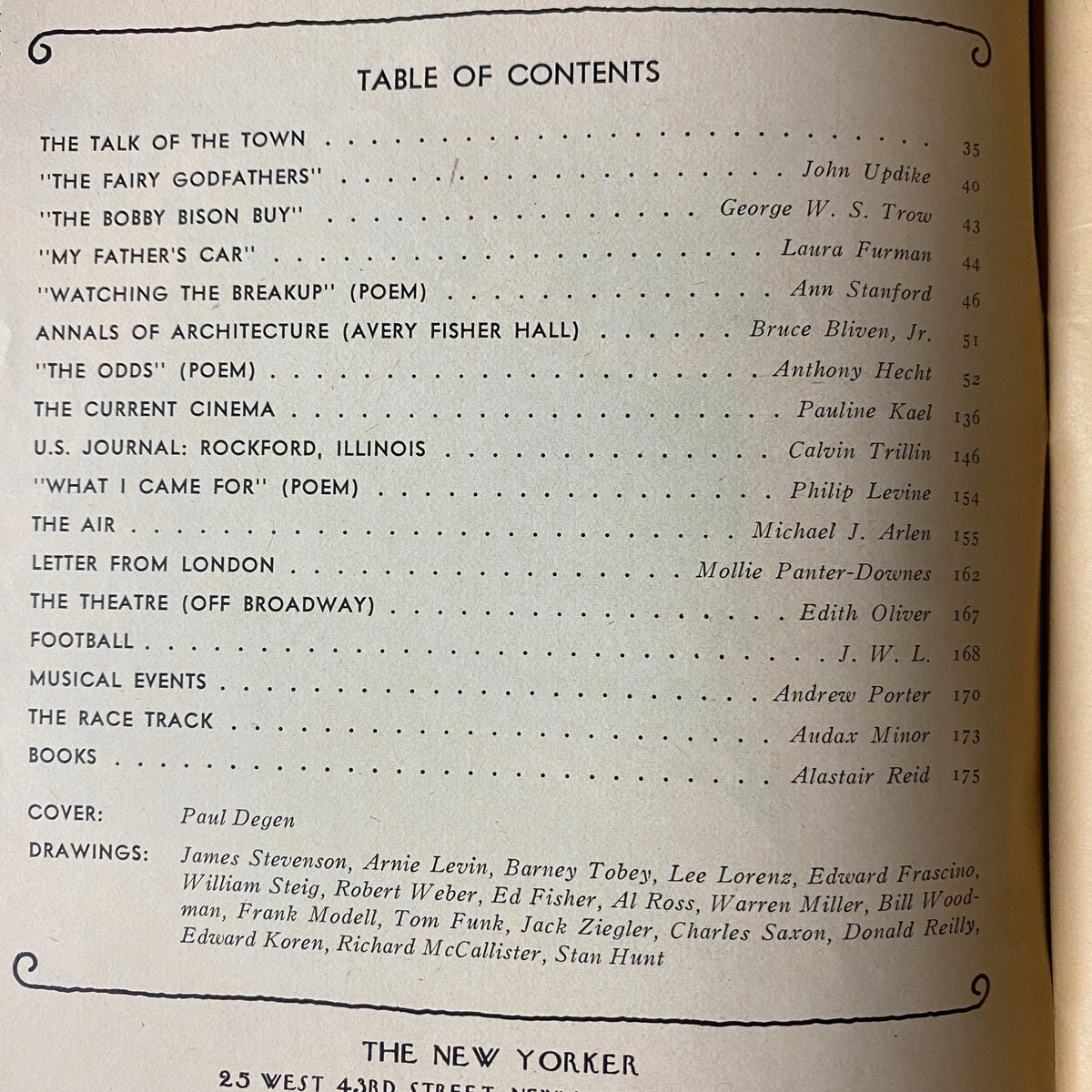 Table of contents from The New Yorker magazine, November 8, 1976, listing features and articles by notable authors including John Updike and Calvin Trillin.