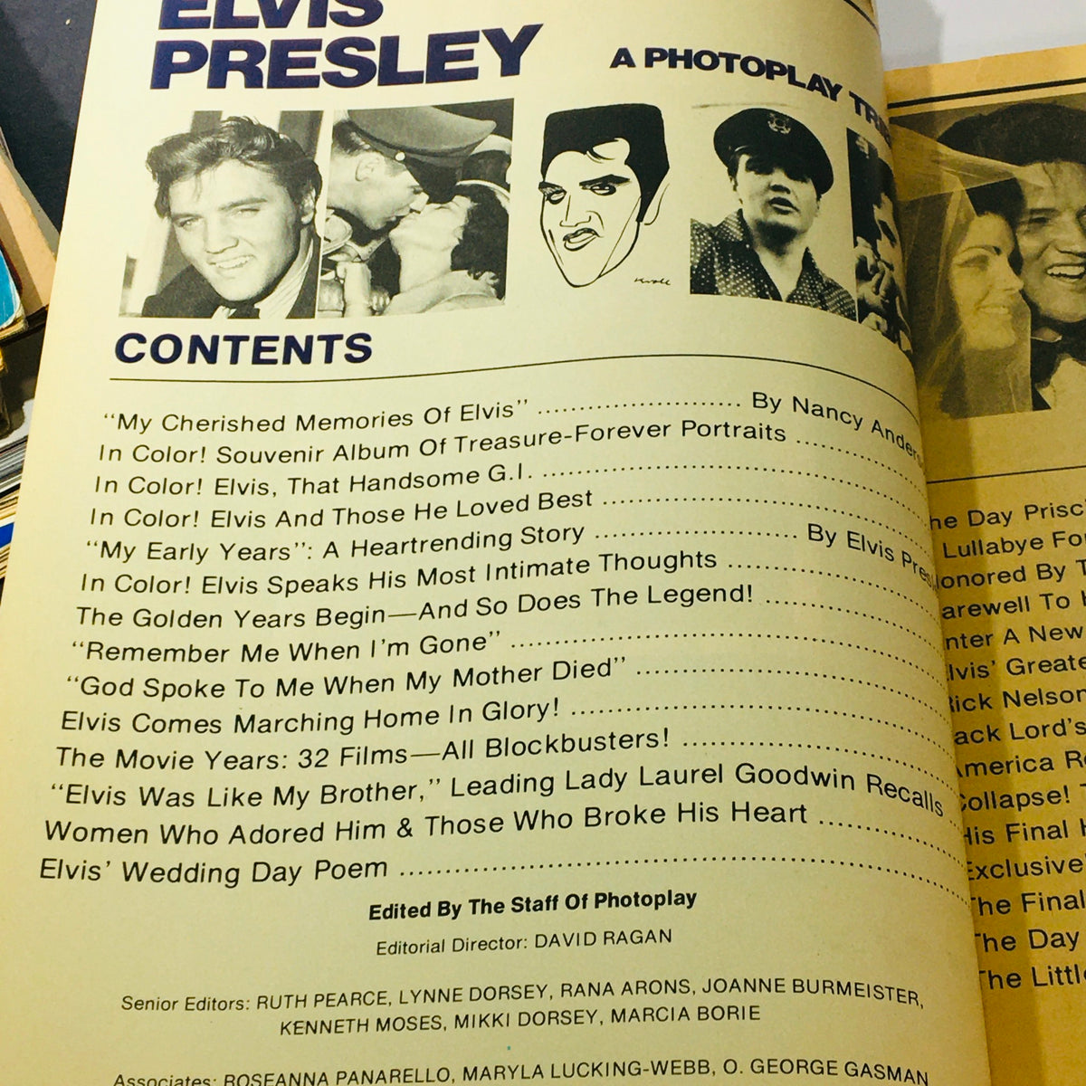Contents page from VTG 1977 Elvis Aron Presley A Photoplay Tribute outlining various articles about Elvis's life and career.