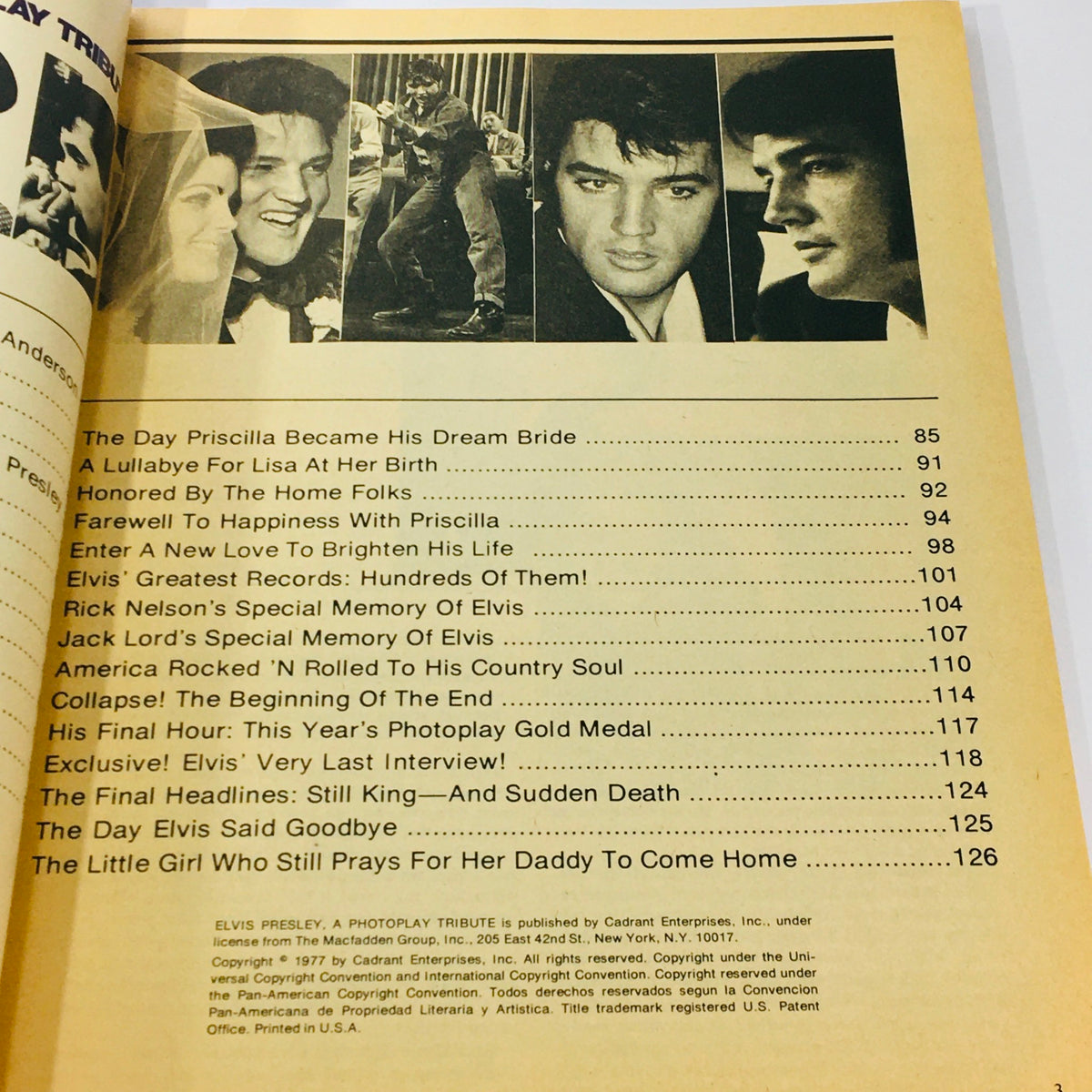 Page from VTG 1977 Elvis Aron Presley A Photoplay Tribute showcasing articles about Elvis's relationships and memorable moments.