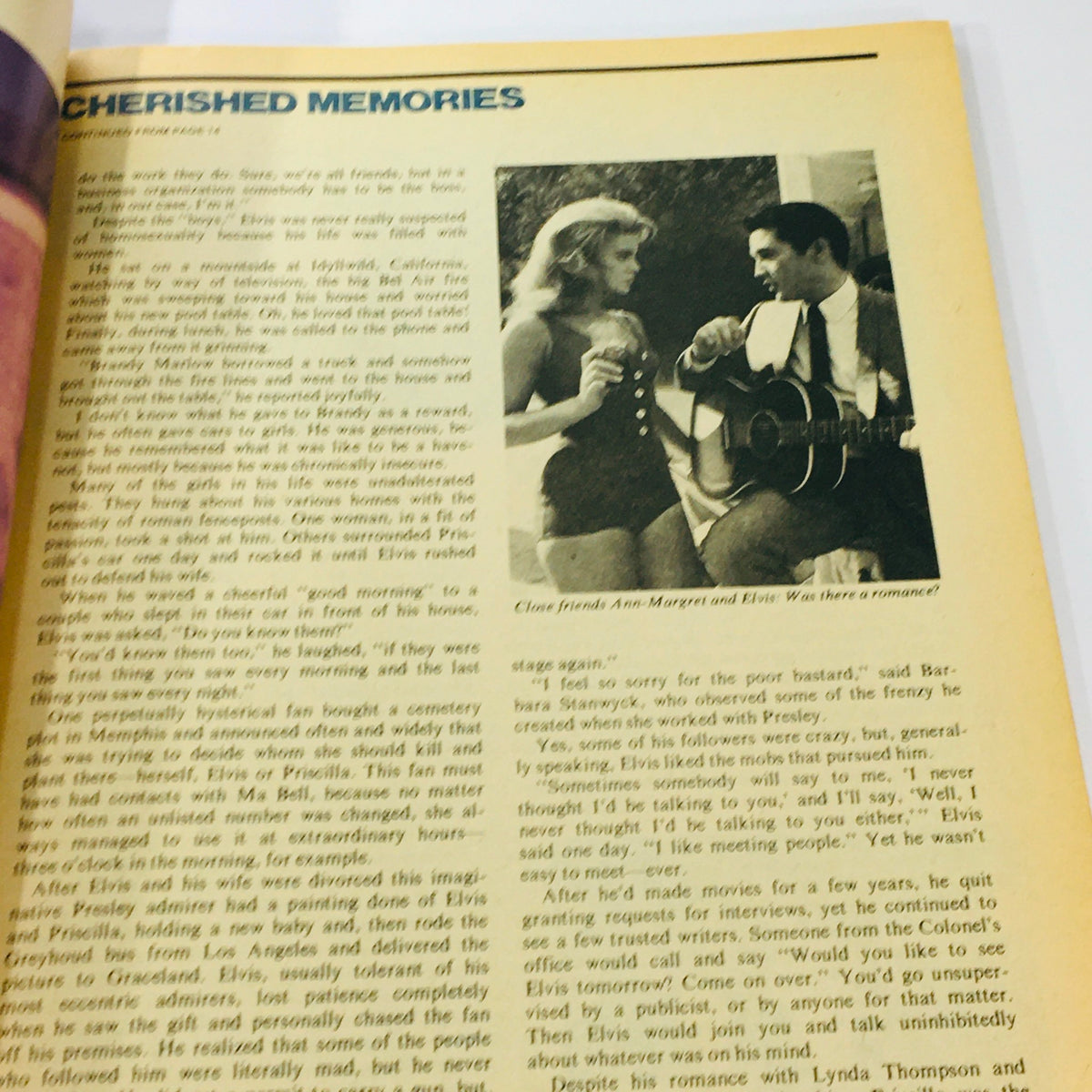 Inside page of VTG 1977 Elvis Aron Presley A Photoplay Tribute Special Collector's Edition featuring a nostalgic photo of Elvis with friends, highlighting cherished memories.