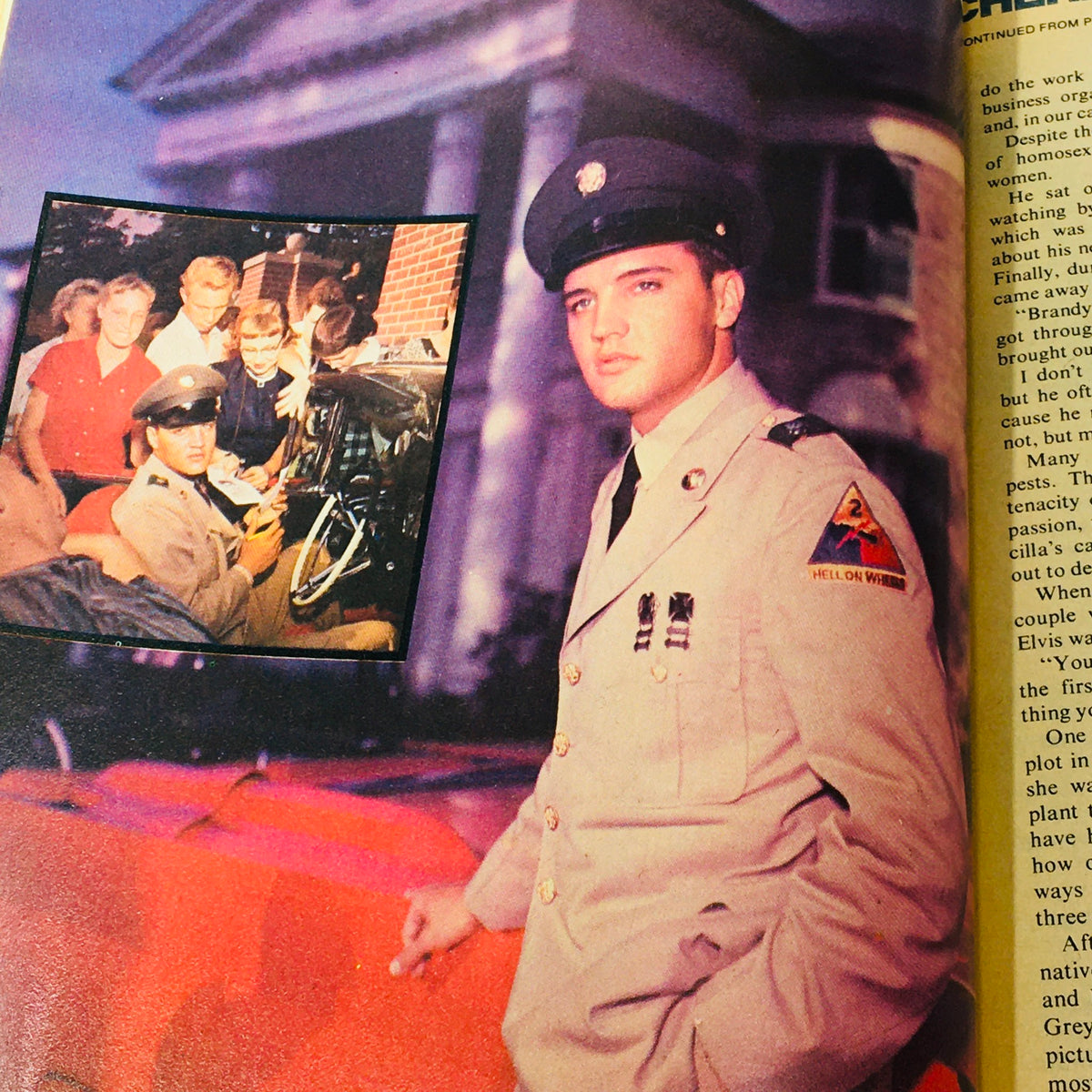 Image of Elvis Presley in military uniform featured in the VTG 1977 Elvis Aron Presley A Photoplay Tribute Special Collector's Edition, showcasing his service years.