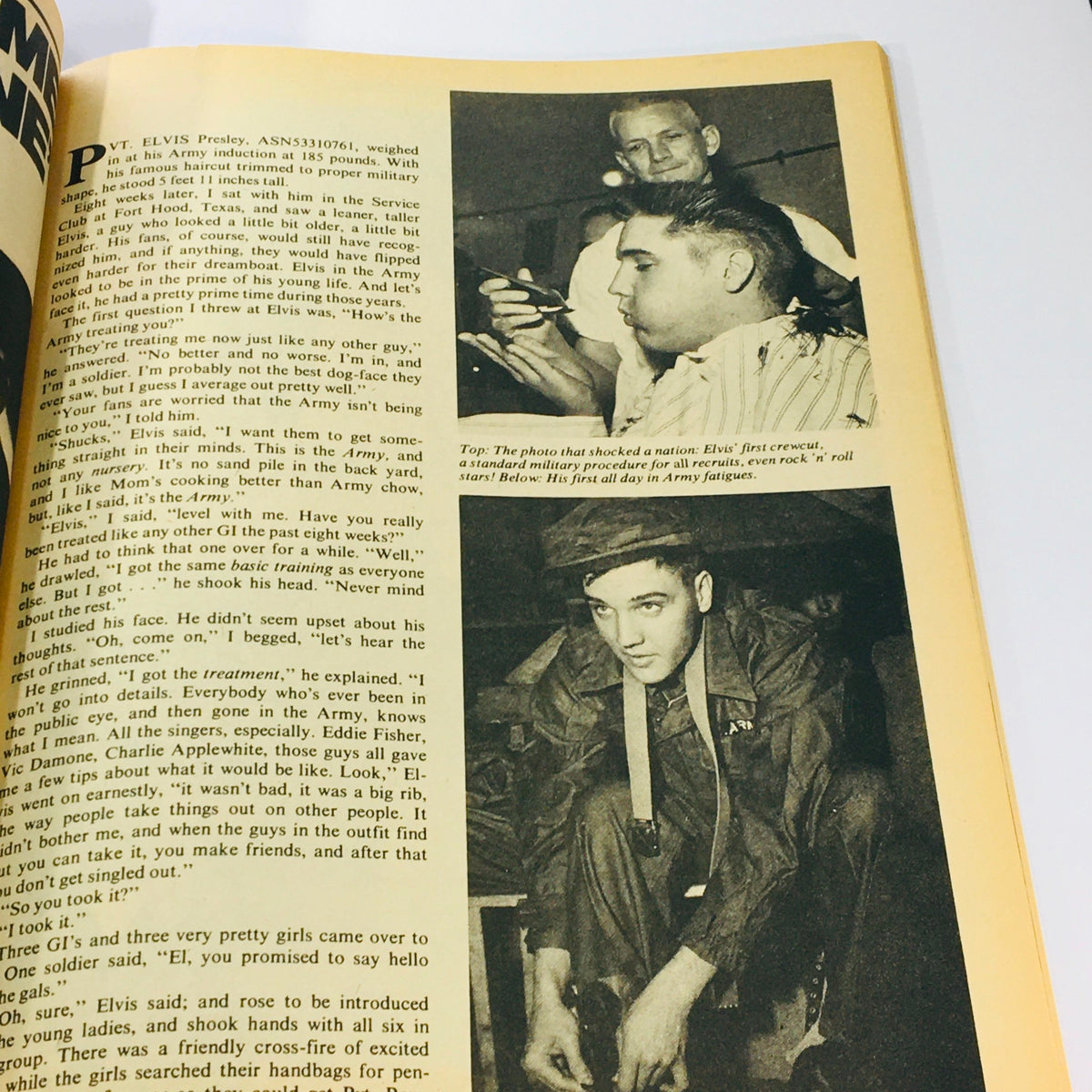 Two images from the VTG 1977 Elvis Aron Presley A Photoplay Tribute Special Collector's Edition showing Elvis Presley as a soldier, emphasizing his transition to military life.