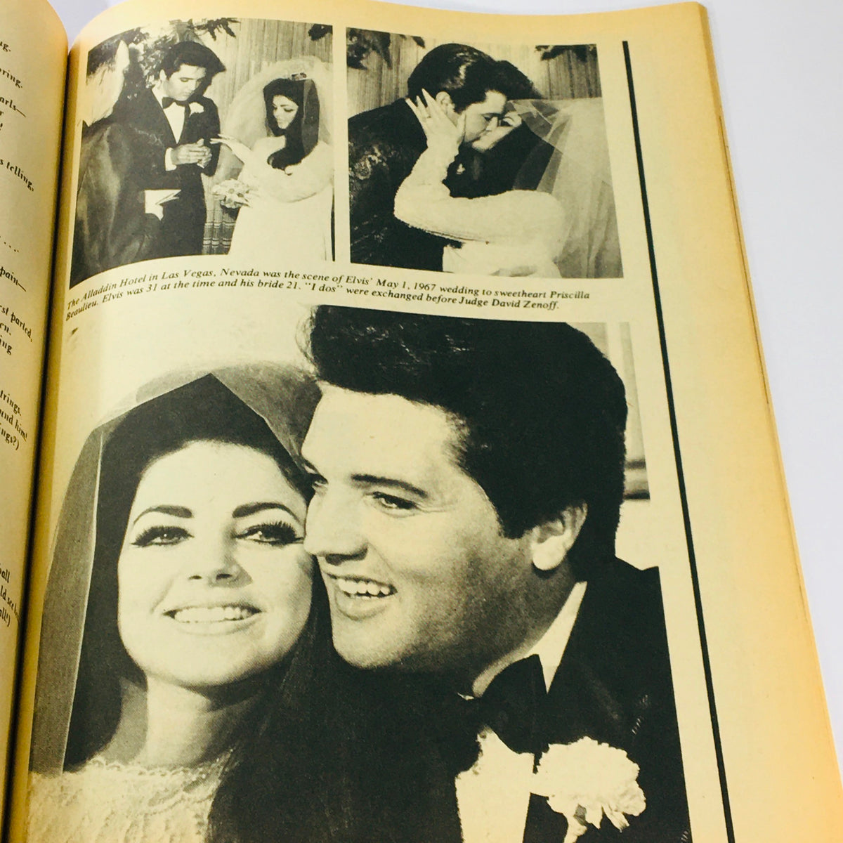 Wedding day photo of Elvis Presley and Priscilla Presley from the VTG 1977 Elvis Aron Presley A Photoplay Tribute Special Collector's Edition, capturing a significant moment in their lives.