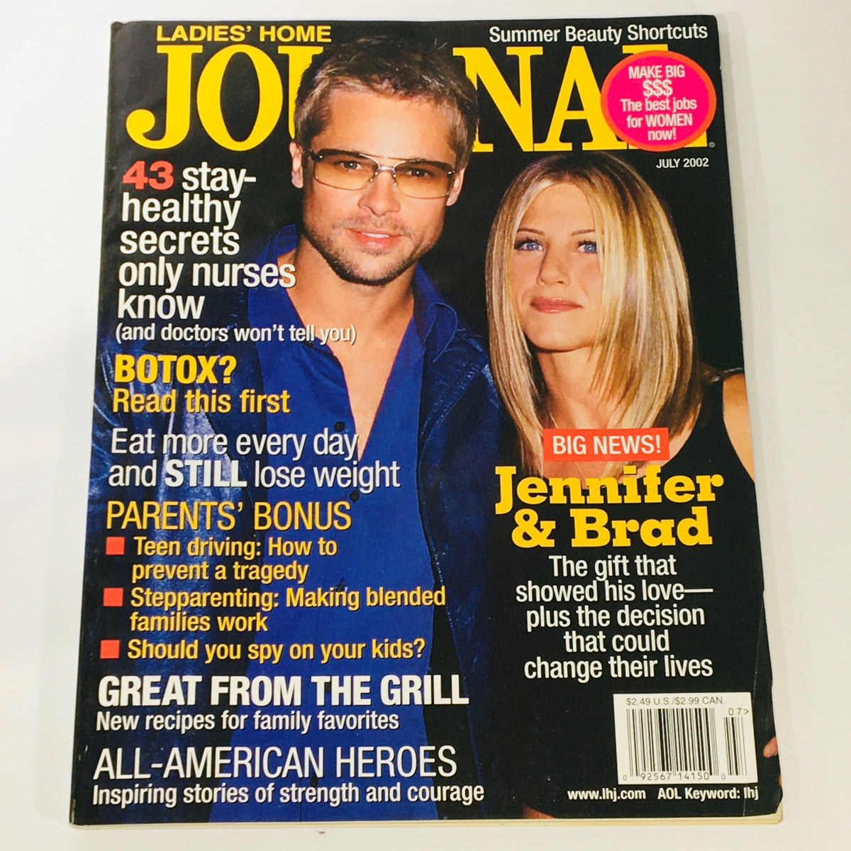Ladies' Home Journal Magazine July 2002 featuring Brad Pitt and Jennifer Aniston on the cover, showcasing beauty tips, health secrets, and articles about celebrity life.