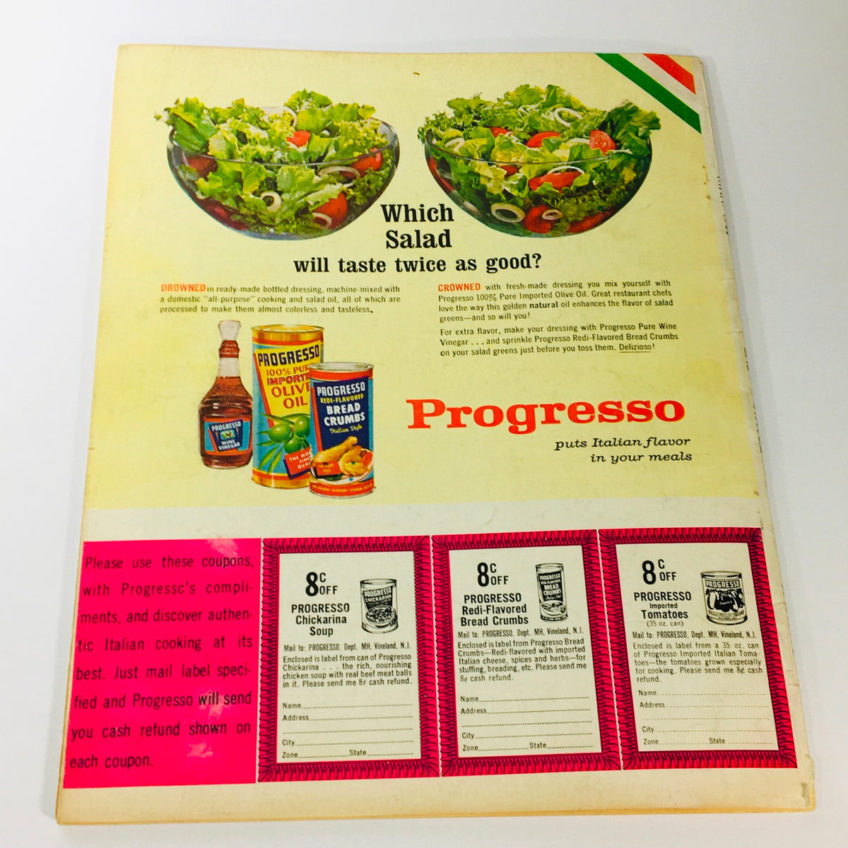 Back cover of the VTG Lady's Circle The Friendship for Homemakers March 1965 magazine featuring a vintage advertisement for Progresso products, including salad ingredients and recipe coupons.