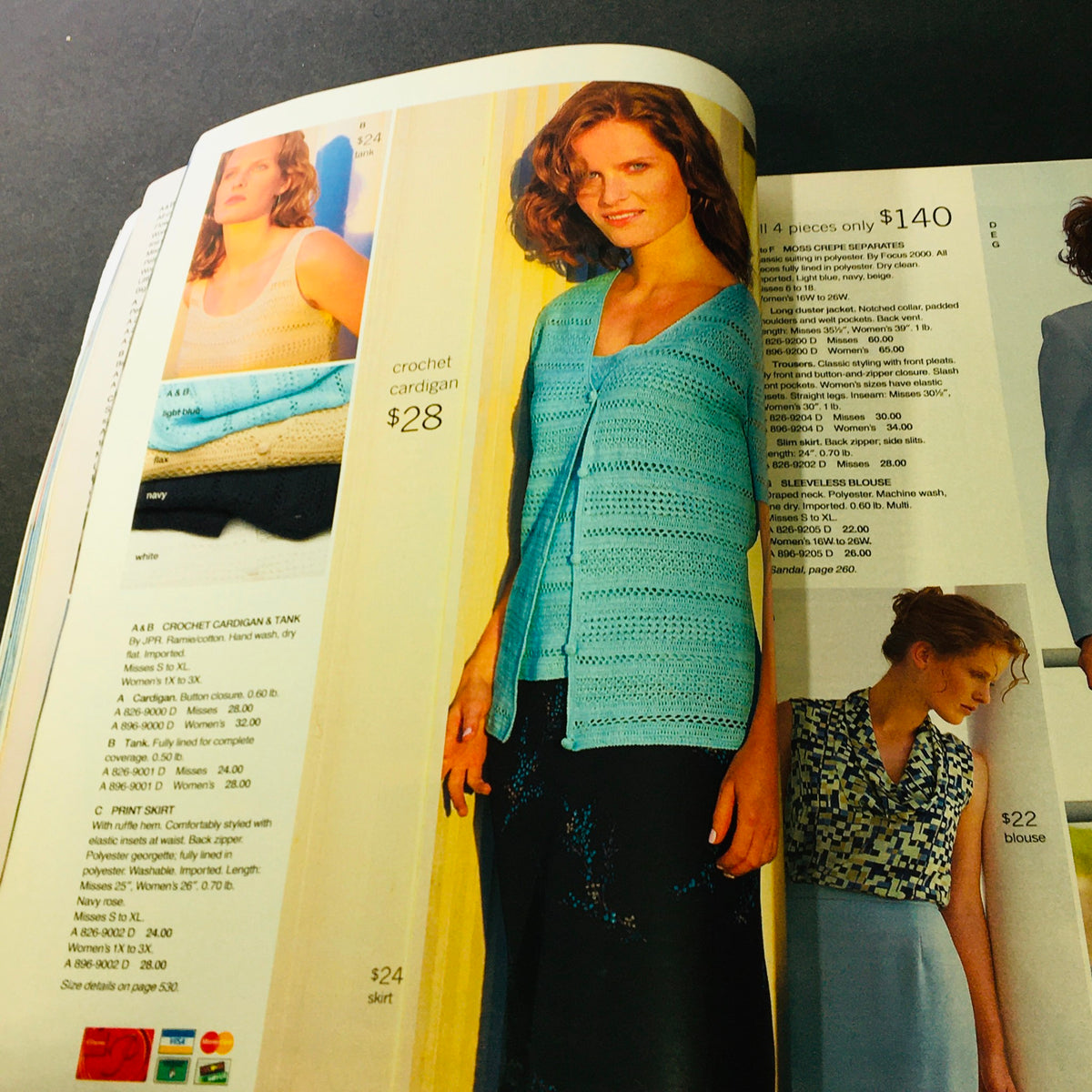 Full page layout from the JC Penney Spring Summer 2002 Store Catalog featuring a model in a crochet cardigan and pricing information; represents fashion styles of the early 2000s.