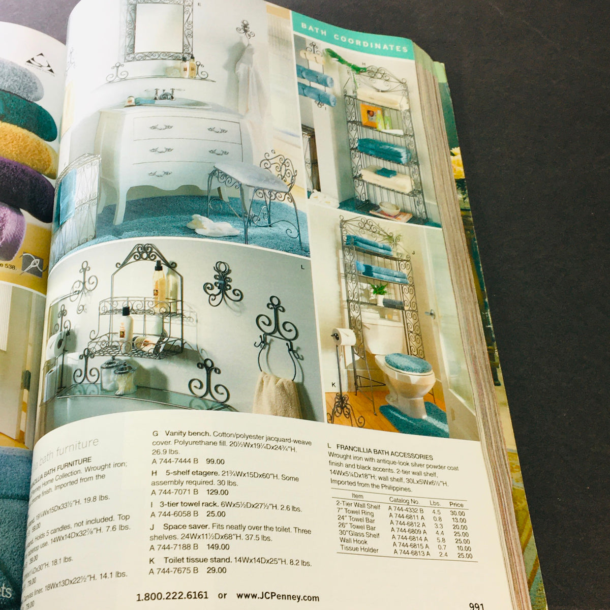JC Penney Spring Summer 2002 Store Catalog showcasing bath coordinates, featuring colorful towels, an elegant vanity bench, and bathroom accessories in a stylish layout.