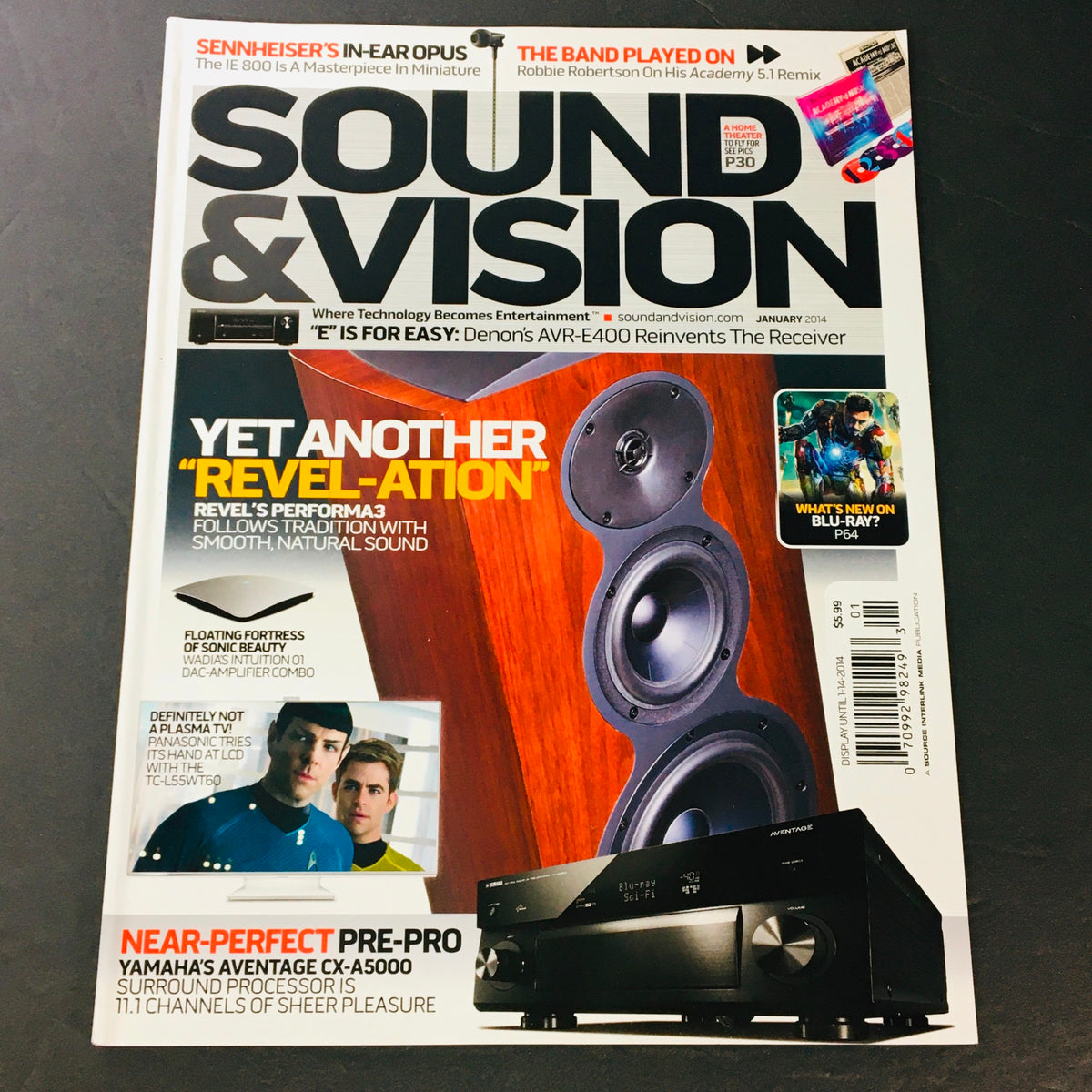 Cover of Sound & Vision Magazine January 2014 Vol 79 #1 featuring the Yamaha Aventage CX-A5000 pre-pro audio processor and speakers, highlighting audio excellence and home theater advancements.
