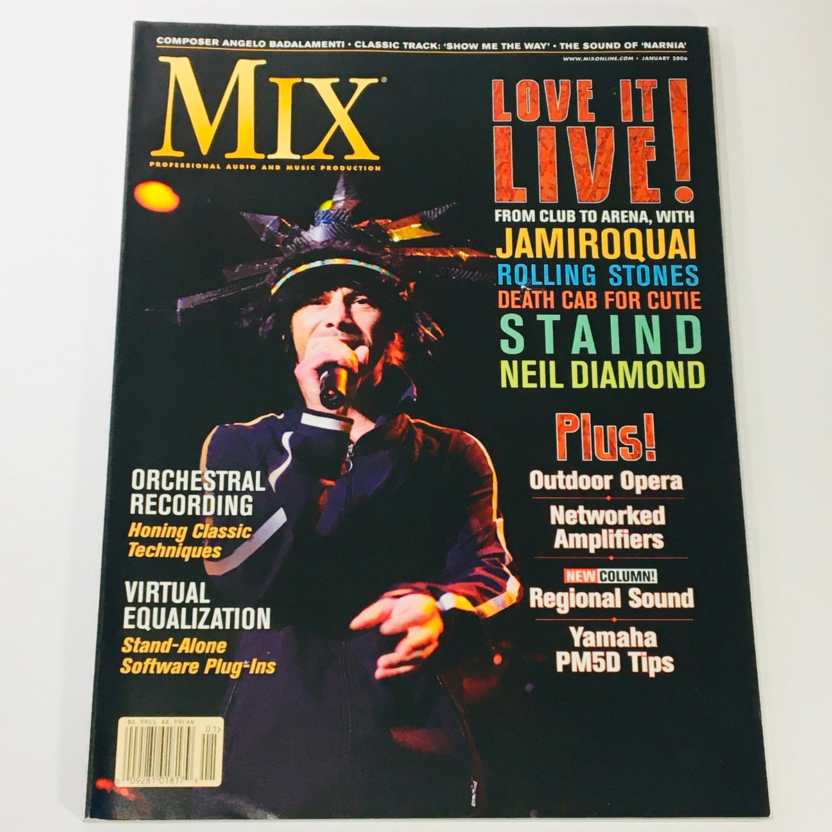 Cover of Mix Music Magazine January 2006 Vol 30 #1 featuring Jamiroquai and The Rolling Stones, showcasing vibrant graphics and the headline 'Love It Live!'