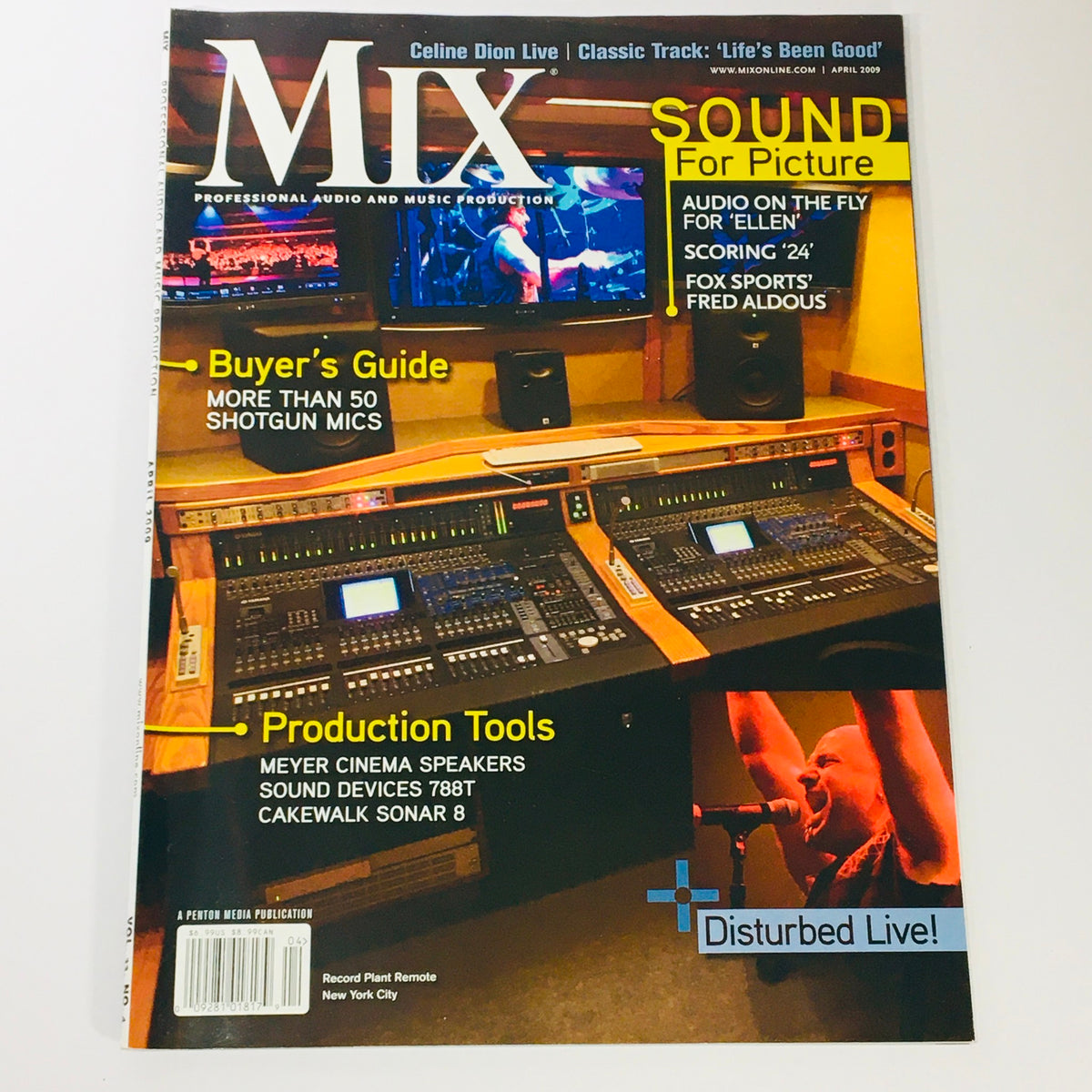 Mix Music Magazine April 2009 Vol 33 #4 cover featuring a buyers' guide on shotgun microphones, showcasing a professional audio mixing console and production tools.
