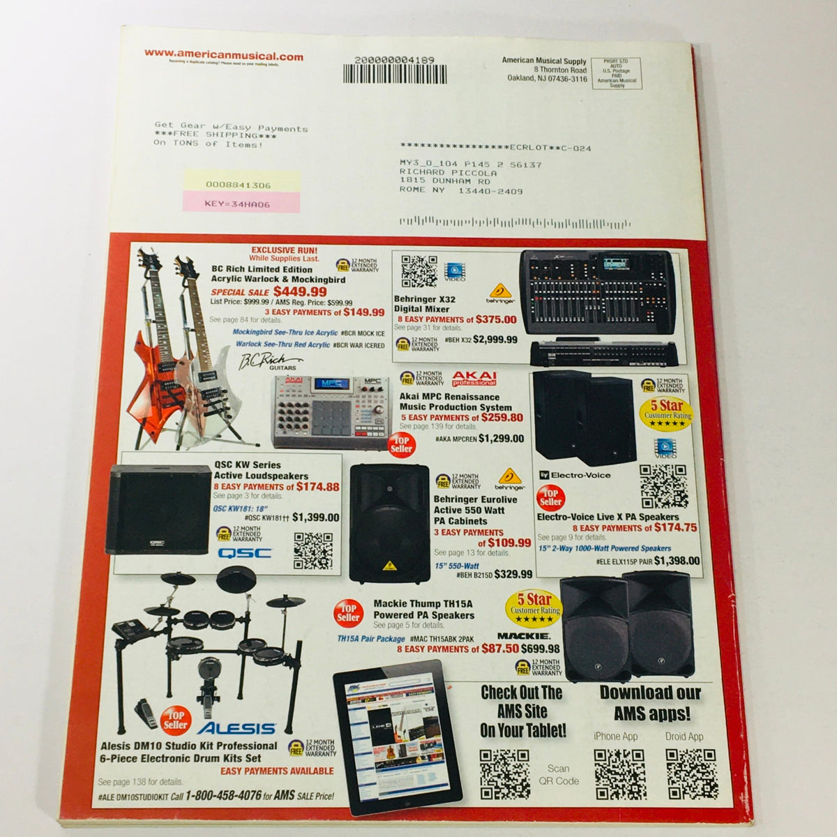 Back cover of American Musical Supply Catalog Summer 2013 showcasing various musical instruments and equipment for sale, including guitars, speakers, and mixers.