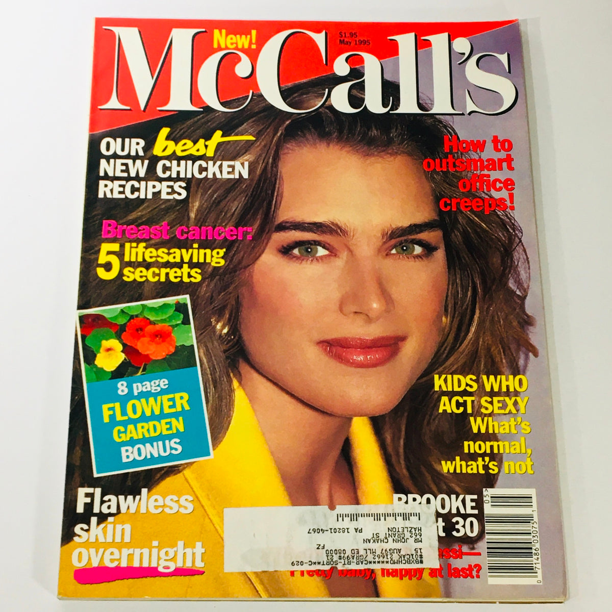 Cover of McCall's Magazine Vol 122 #8 from May 1995 featuring Brooke Shields. The magazine highlights 'Five Lifesaving Secrets' and includes articles on breast cancer, new chicken recipes, and beauty tips for flawless skin. Visible elements include vibrant visuals and bold headlines.