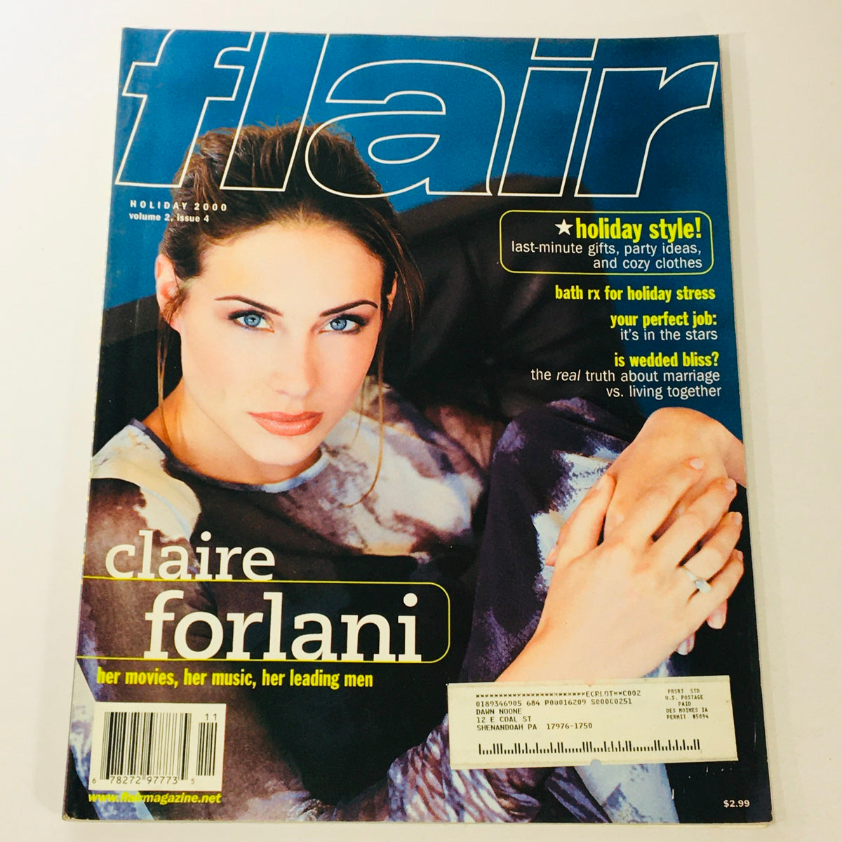 Flair Magazine Holiday 2000 Vol 2 #4 featuring Claire Forlani on the cover, showcasing her charm and style along with topics related to movies, music, and leading men.
