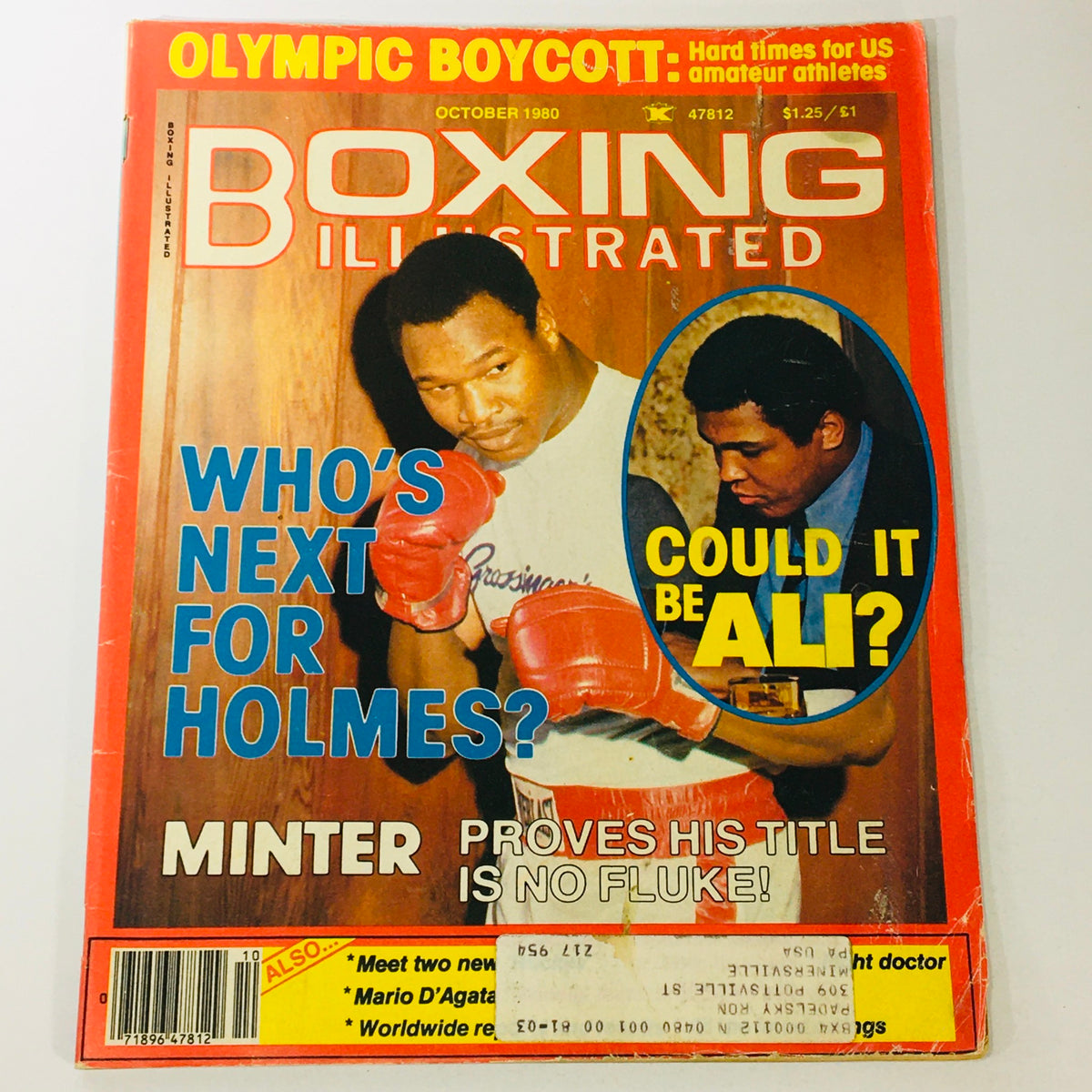 Cover of the October 1980 issue of Boxing Illustrated magazine featuring Larry Holmes in red boxing gloves with the text 'Who's Next for Holmes?' and a photo of Muhammad Ali with the question 'Could It Be Ali?'.
