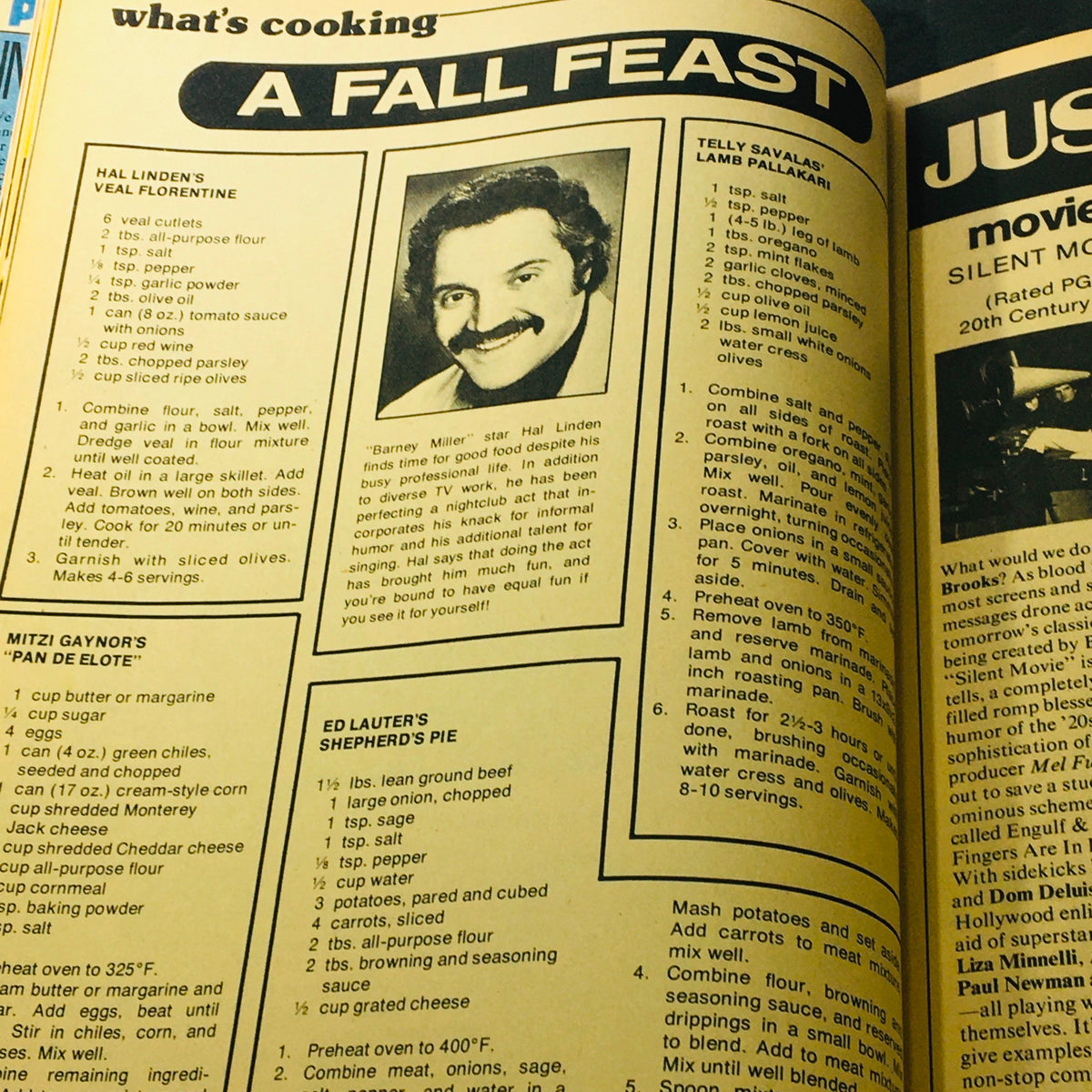 Photoplay Magazine November 1976 interior cooking section featuring recipes from celebrity chefs Hal Linden and Telly Savalas.
