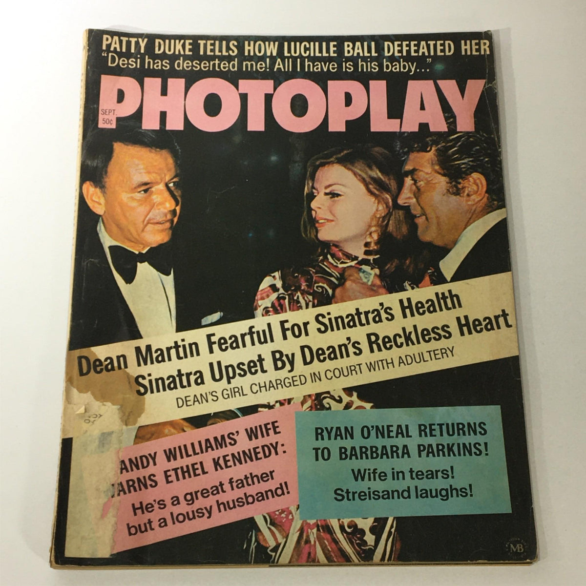 Vintage Photoplay Magazine from September 1971 featuring Dean Martin, Frank Sinatra, and Ryan O'Neal on the cover, highlighting classic Hollywood glamour and nostalgia.