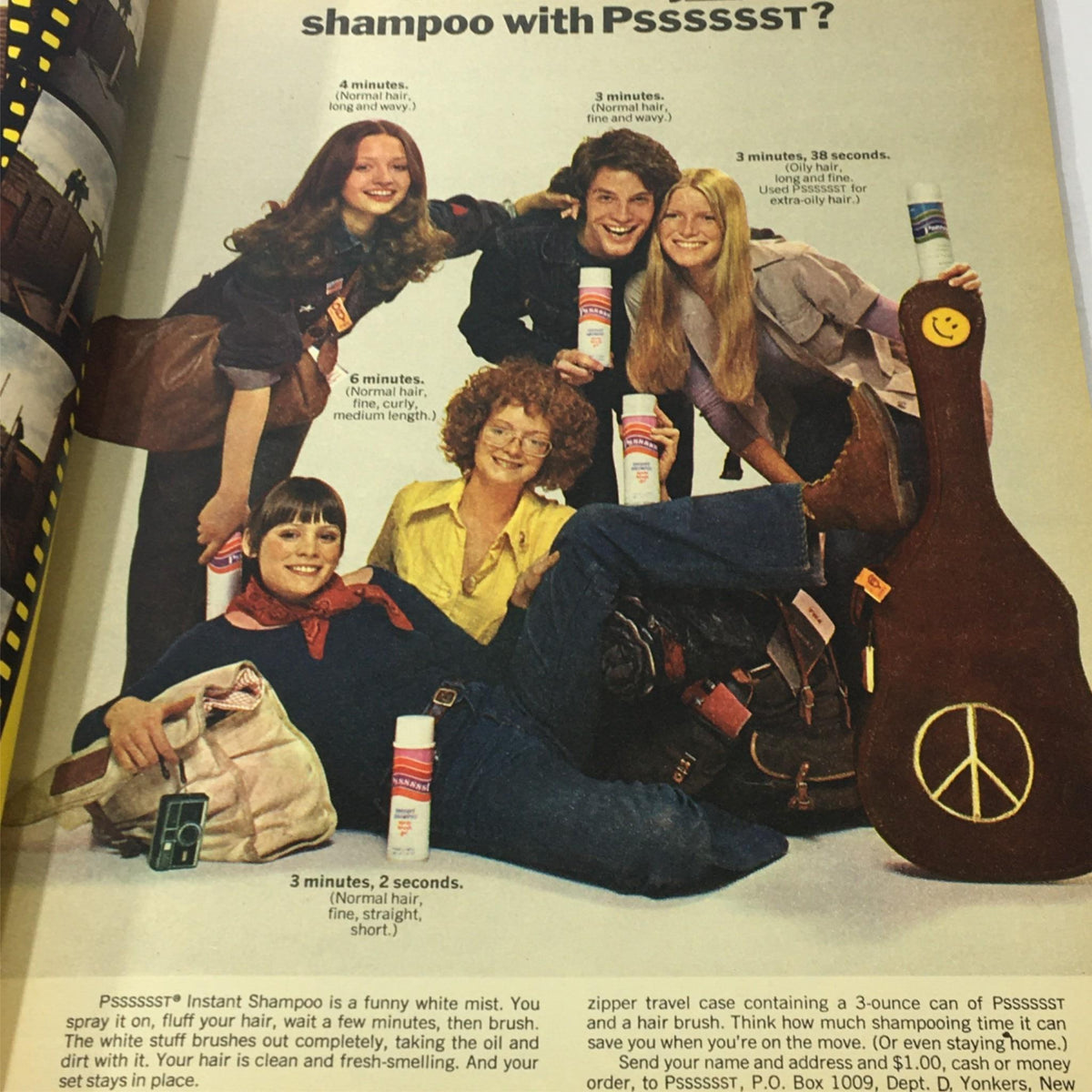 Modern Screen Magazine September 1972 advertisement for Pssssst Instant Shampoo with group of people showing various hairstyles.