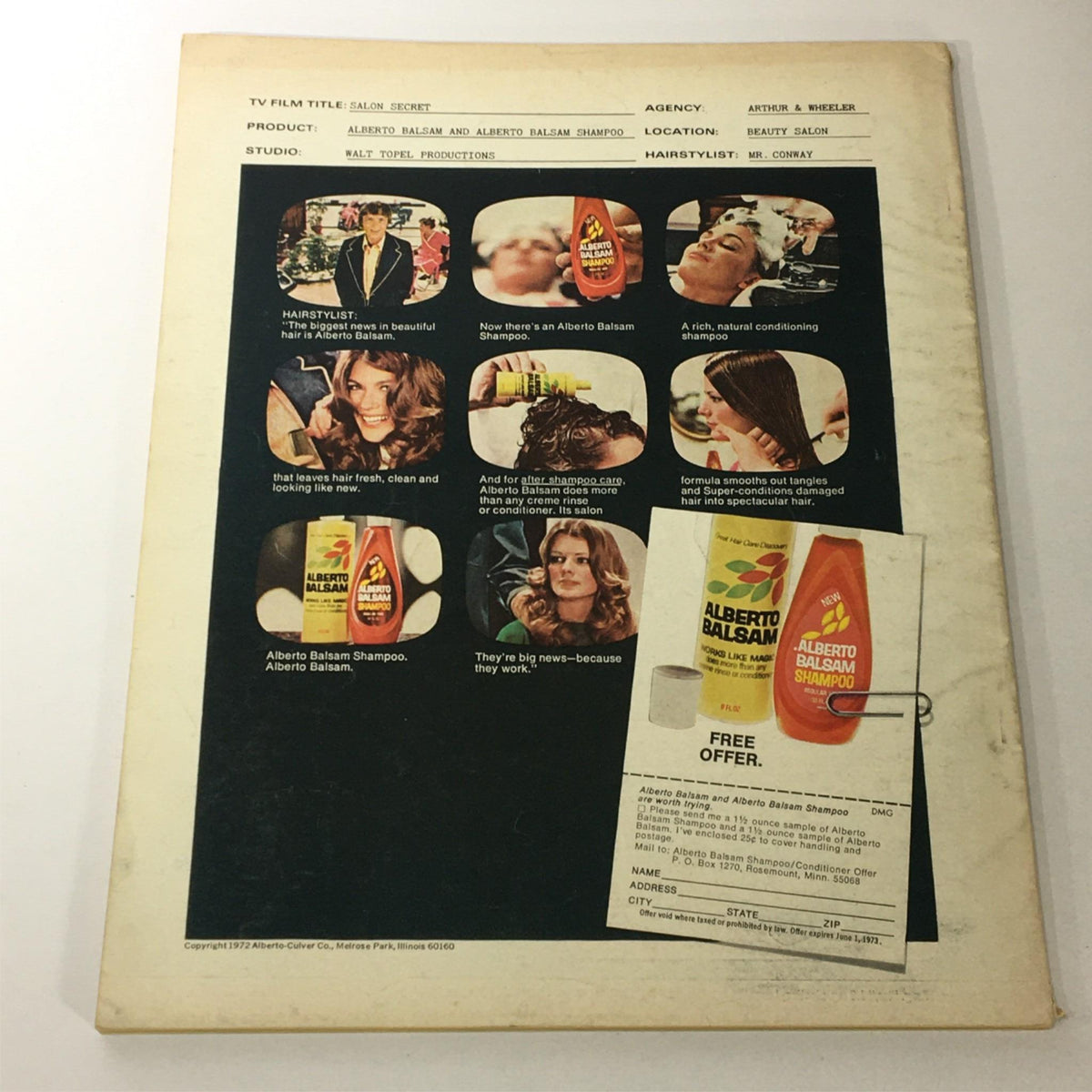Modern Screen Magazine September 1972 back cover featuring Alberto Balsam Shampoo advertisement and promotional offer.