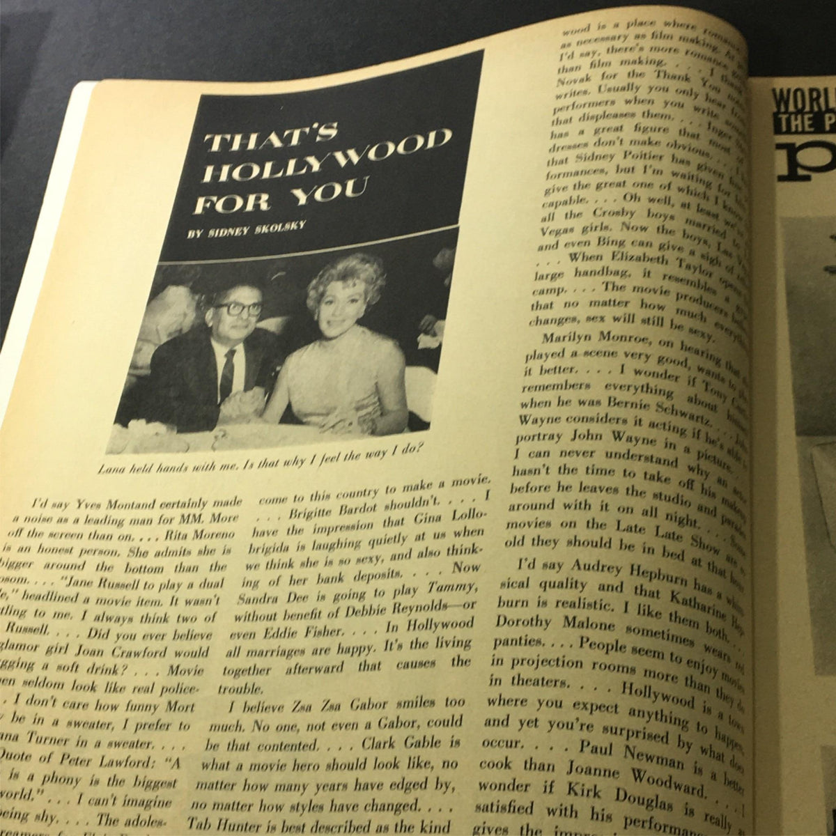 Inside page of the VTG Photoplay Magazine December 1960 featuring a column titled 'That's Hollywood For You' by Sidney Skolsky, discussing Hollywood personalities and events.