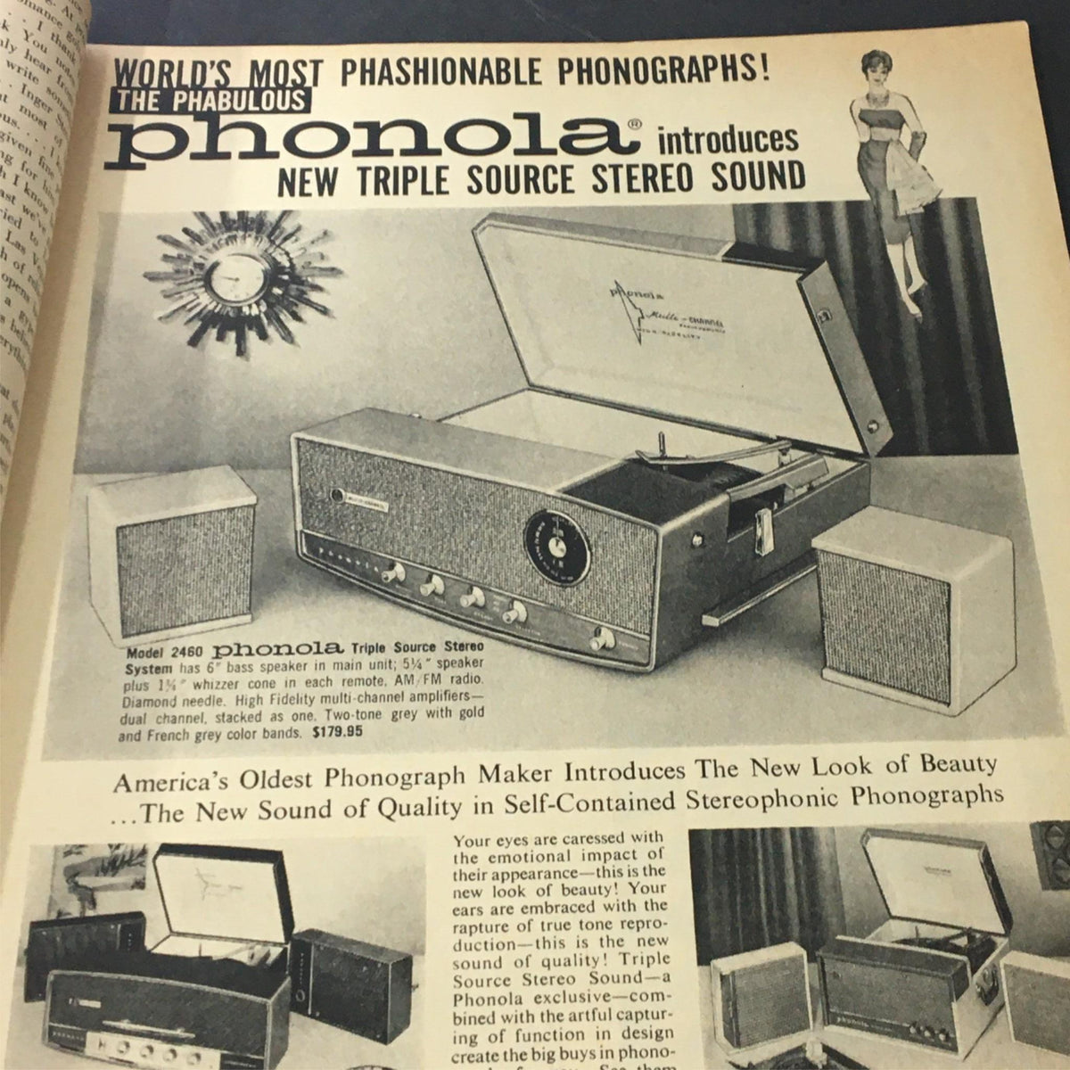 Advertisement for the Phonola Triple Source Stereo Sound phonograph in the VTG Photoplay Magazine December 1960, showcasing stylish design and audio features.