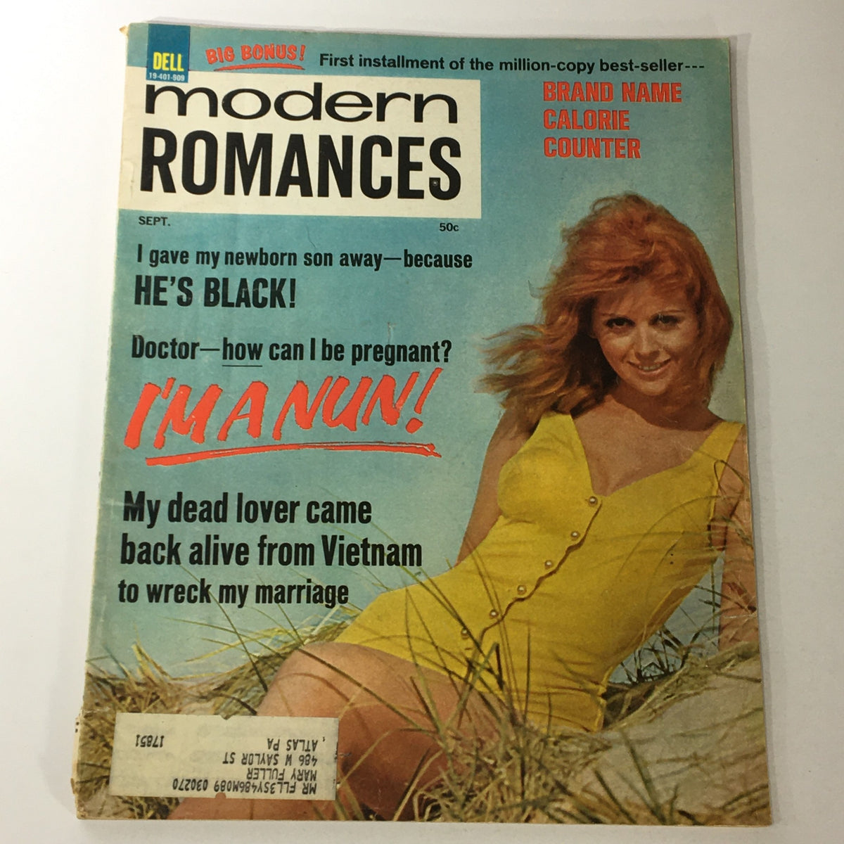 Cover of 'VTG Modern Romances September 1969' featuring the title 'I'm A Nun' and vivid illustrations, showcasing the bold and playful narratives of vintage romance literature.