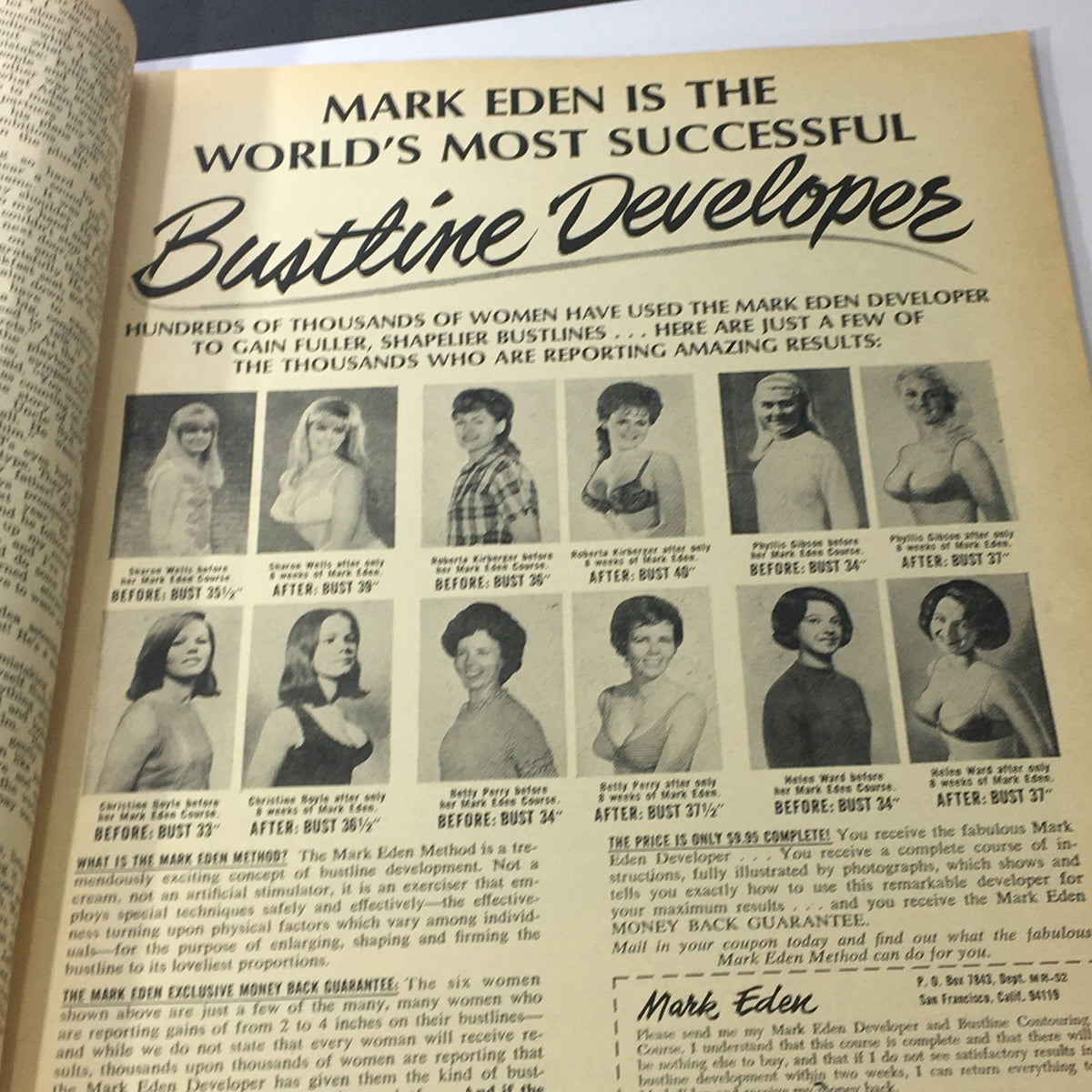 VTG Modern Romances September 1969 magazine page featuring before-and-after images and testimonials for the Mark Eden Bustline Developer, promoting fuller shapes.