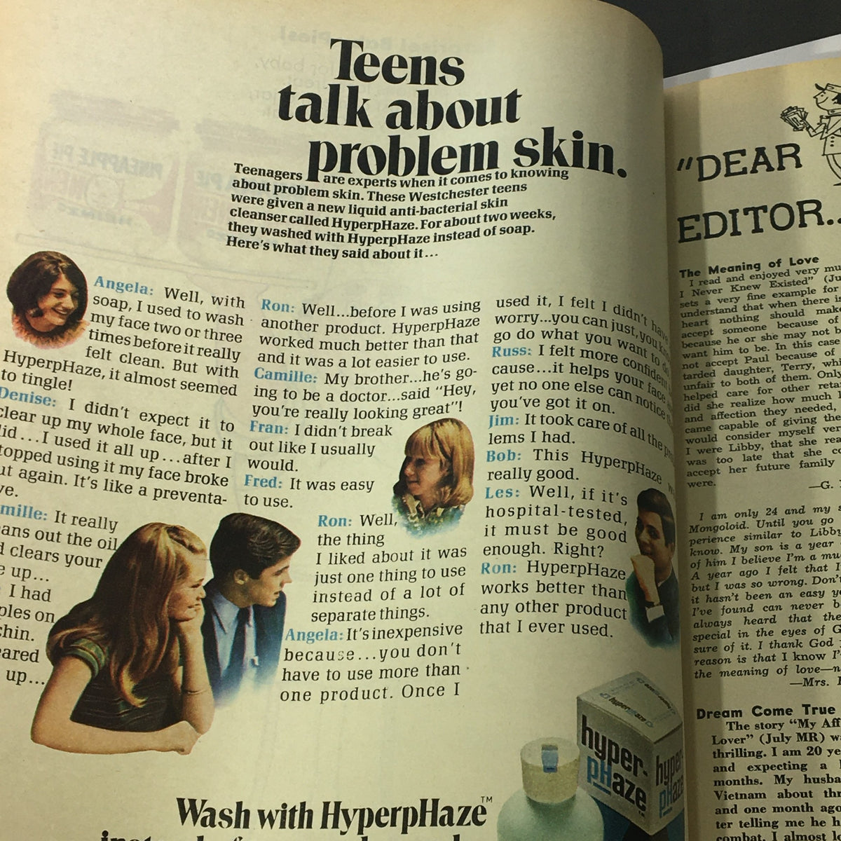 VTG Modern Romances September 1969 magazine page discussing teenage perspectives on skin problems with product reviews for HyperHaze.