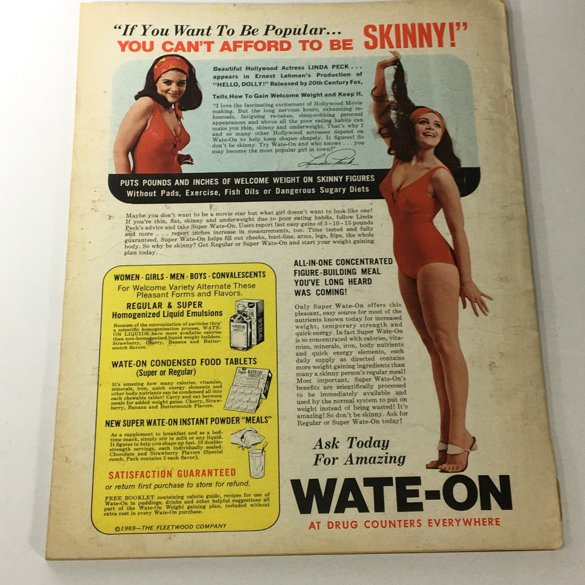 VTG Modern Romances September 1969 magazine back cover promoting Wate-On, a weight gain product featuring images and details for consumers.