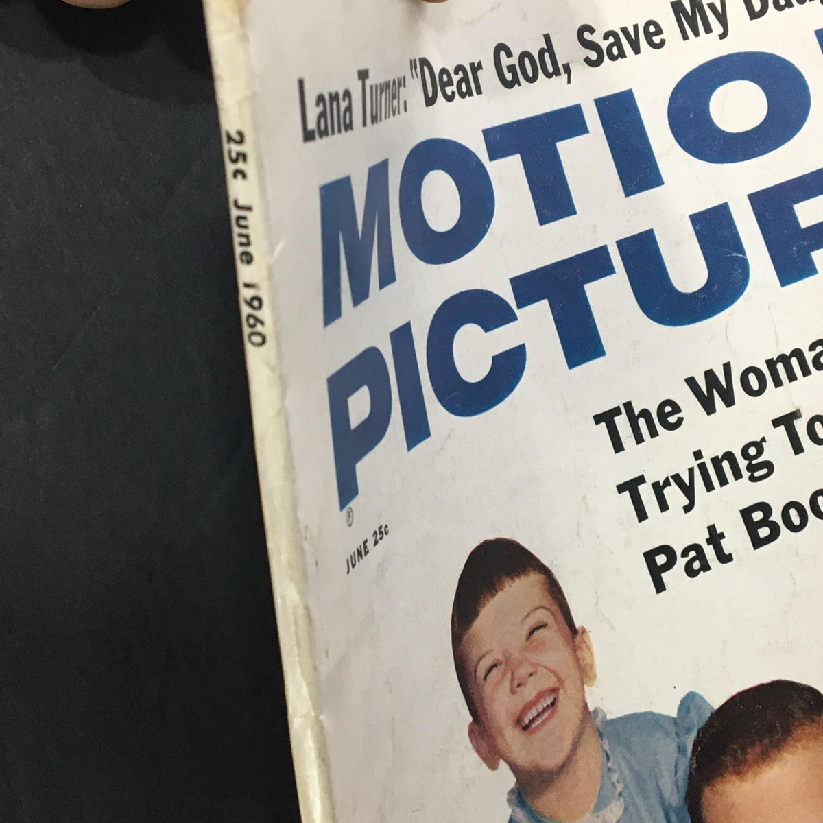 Close-up of the cover of VTG Motion Picture Magazine June 1960, showcasing the magazine's title and date, along with a prominent quote from Lana Turner.