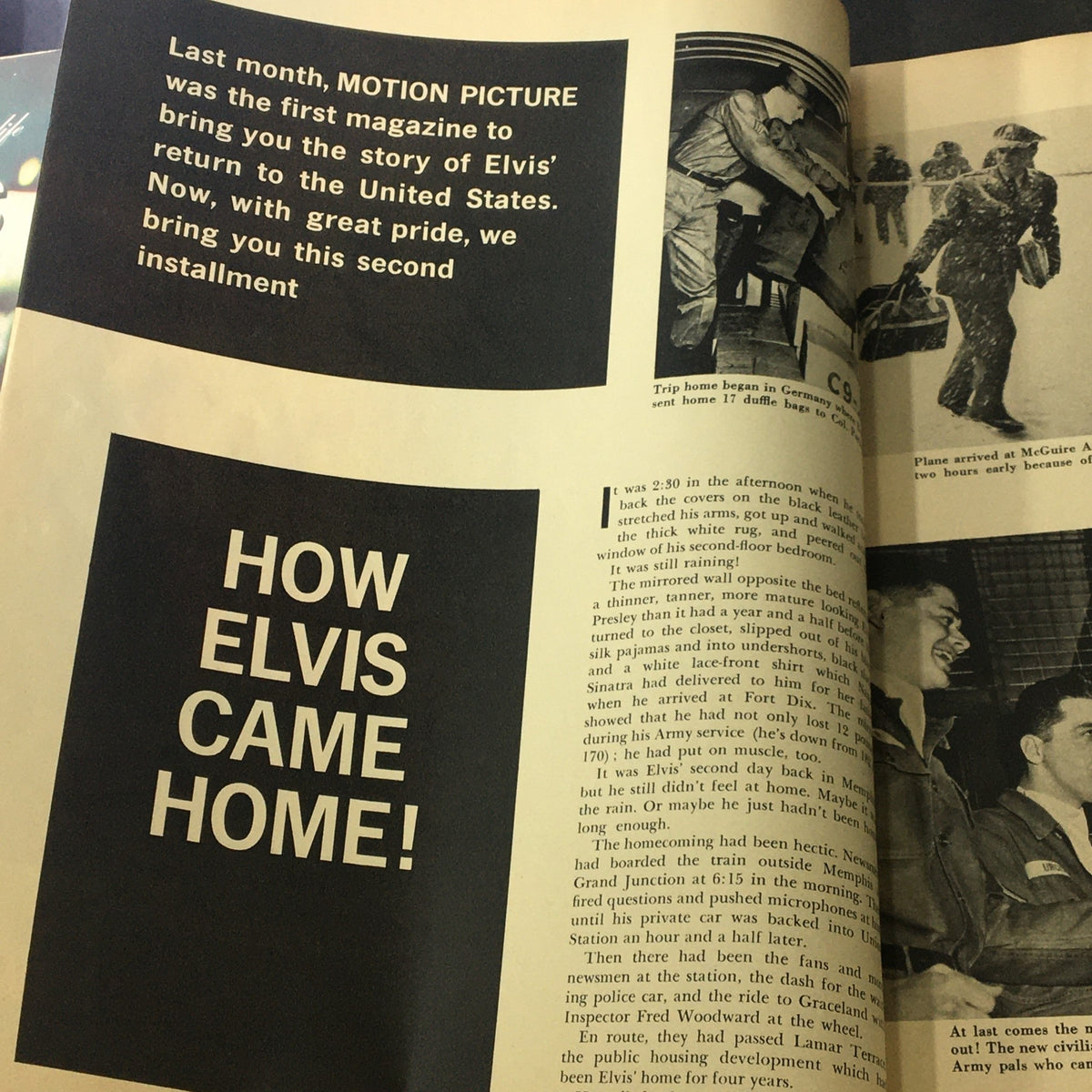 Page from VTG Motion Picture Magazine June 1960 discussing Elvis Presley’s return to the United States after military service.