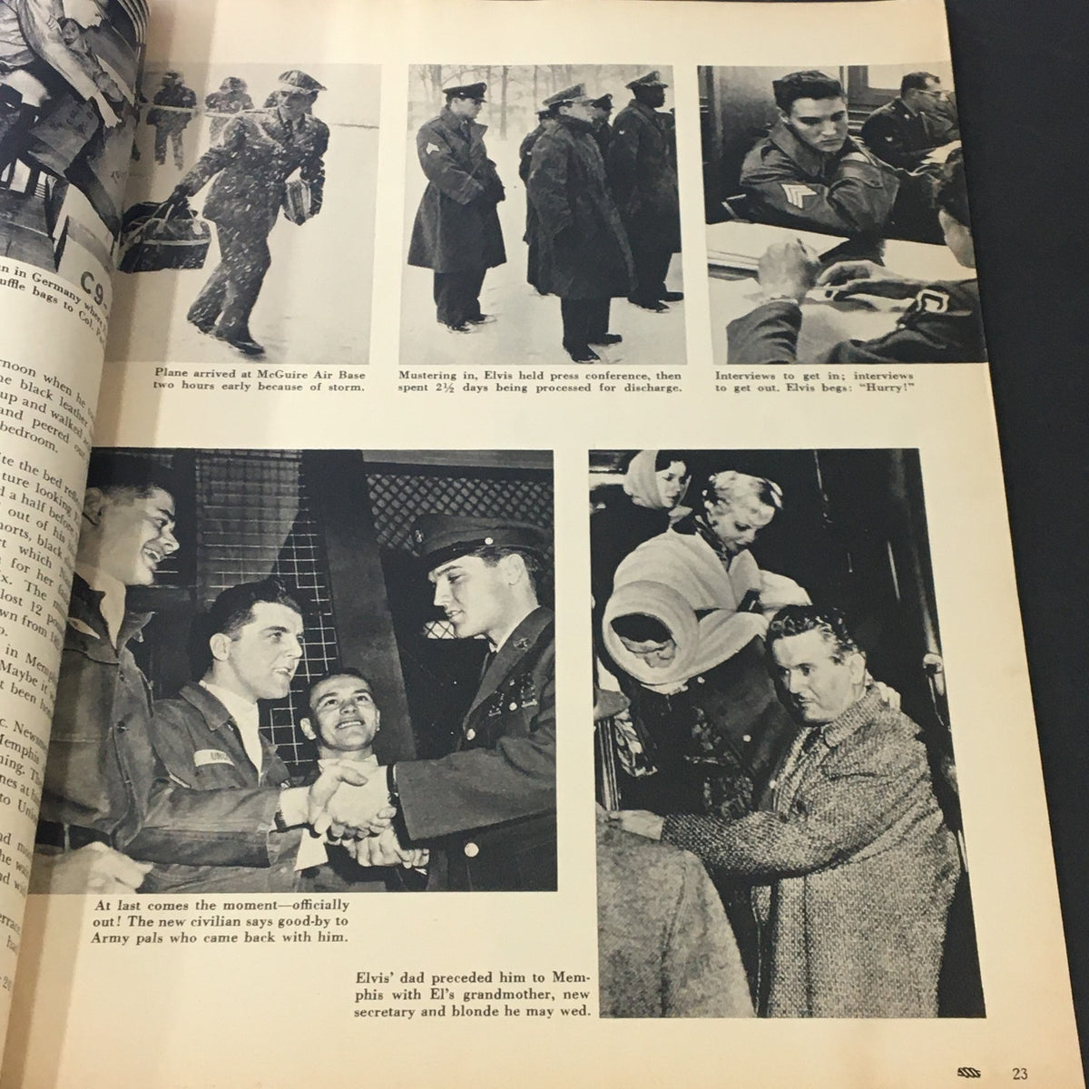 Black and white photos in VTG Motion Picture Magazine June 1960 capturing Elvis Presley’s press conference and moments with Army pals after returning home.