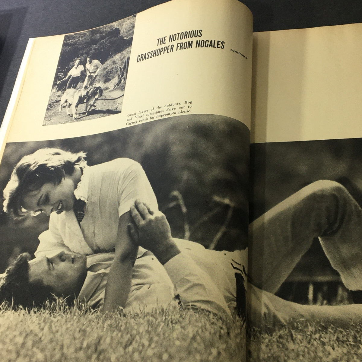 The Notorious Grasshopper from Nogales article in VTG Motion Picture Magazine June 1960 featuring a romantic image of a couple outdoors.