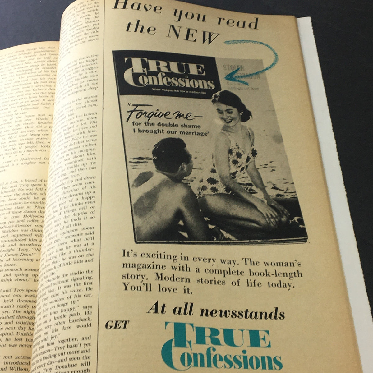 Advertisement page from VTG Motion Picture Magazine June 1960 promoting the magazine True Confessions with a vintage illustration.